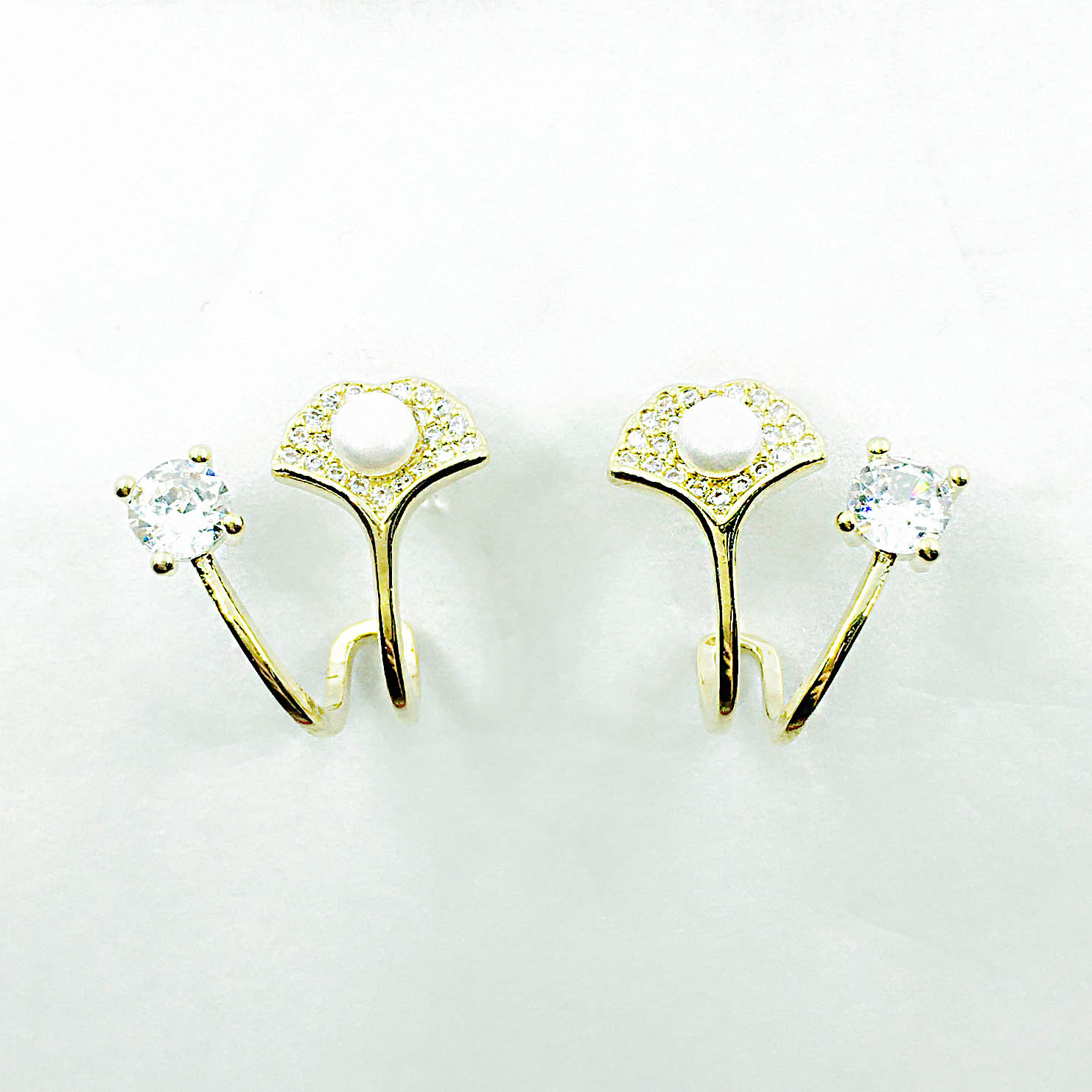 韓國 925純銀 水鑽 珍珠 銀杏葉 金屬 耳針式耳環