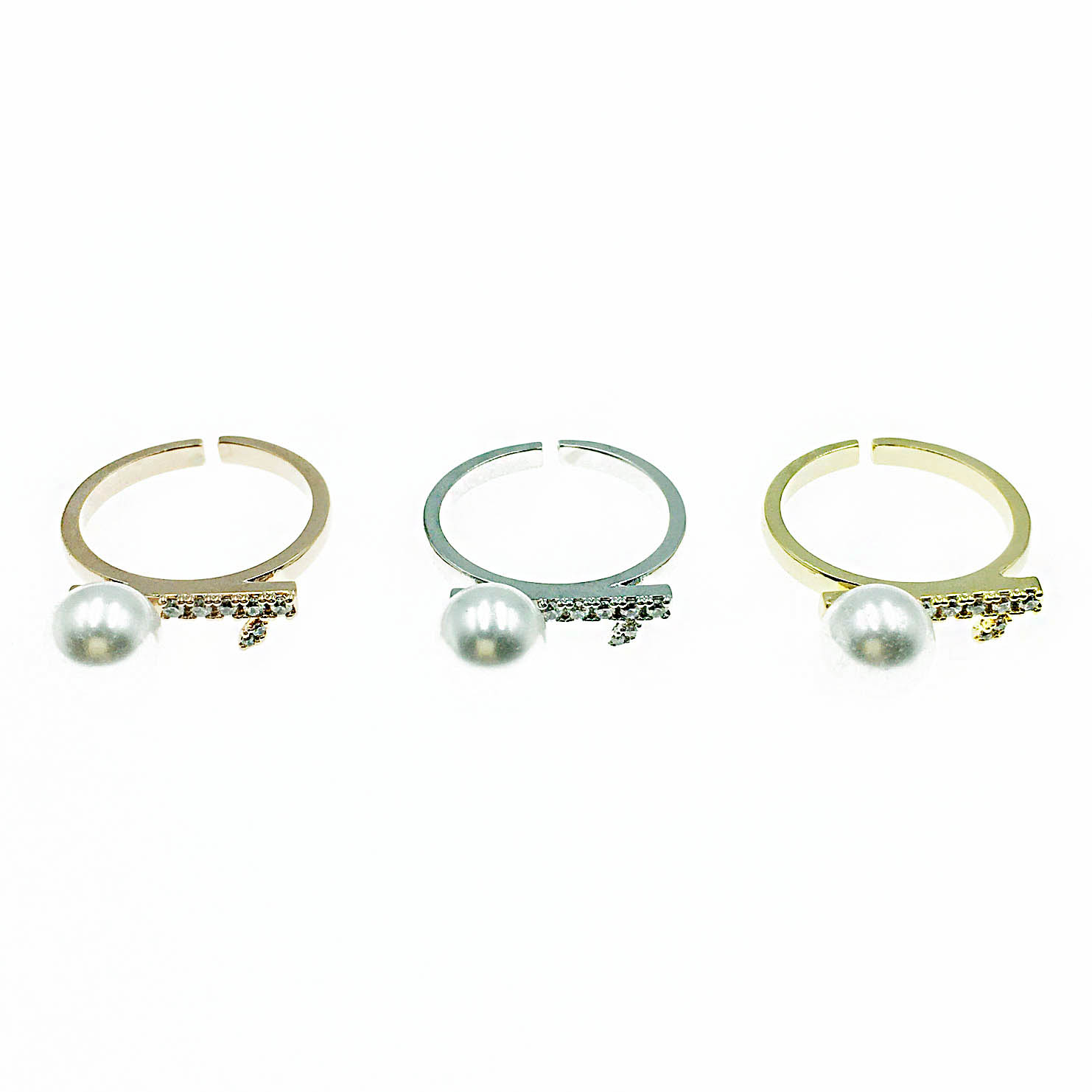 韓國 925純銀 珍珠 水鑽 造型 明星款飾品 三色 可調式 戒指
