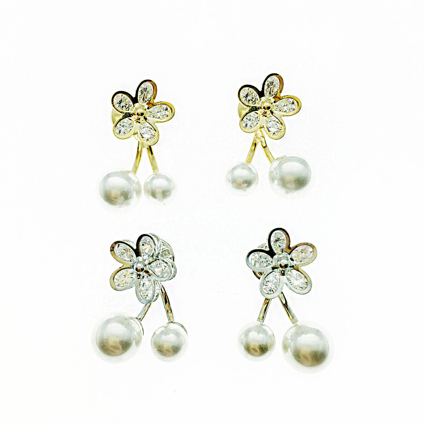 韓國 925純銀 珍珠 水鑽 花朵 垂墜感 雙色 耳針式耳環