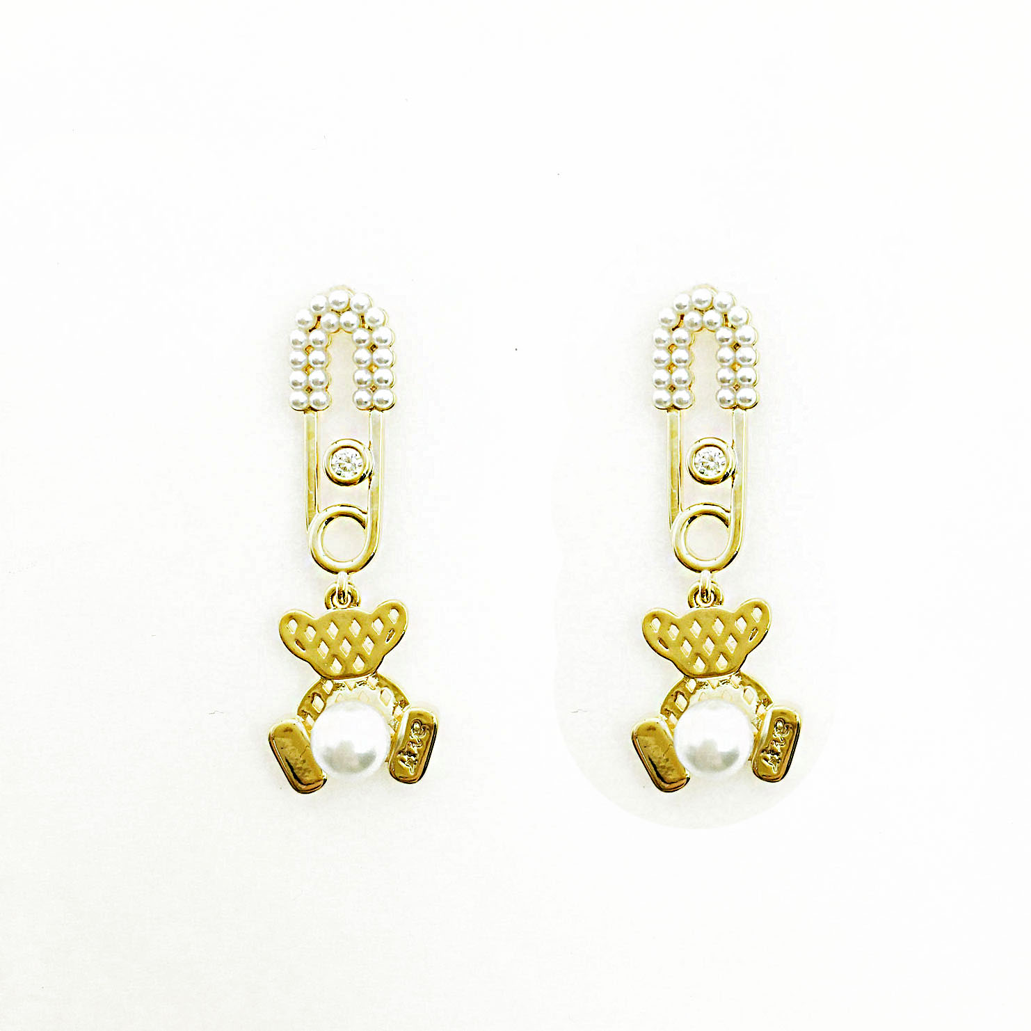 韓國 925純銀 水鑽 珍珠 迴紋針 小熊 垂墜感 耳針式耳環