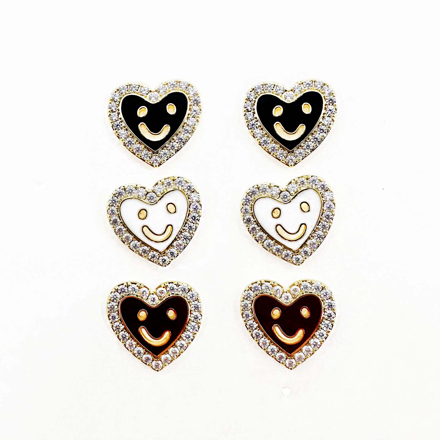 韓國 925純銀 水鑽 愛心 笑臉 簍空 可愛 三色 耳針式耳環