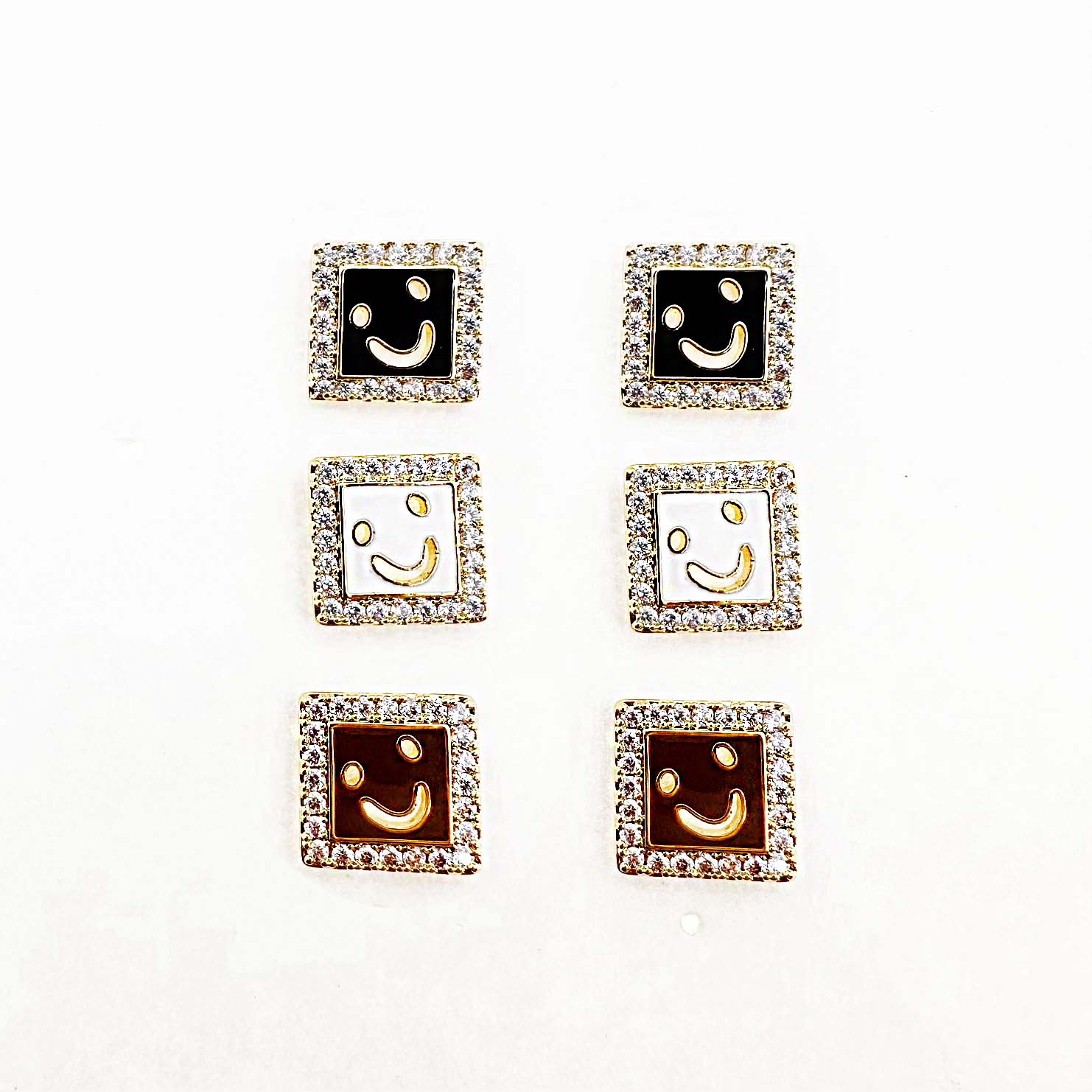 韓國 925純銀 水鑽 笑臉 方形 簍空 可愛 三色 耳針式耳環