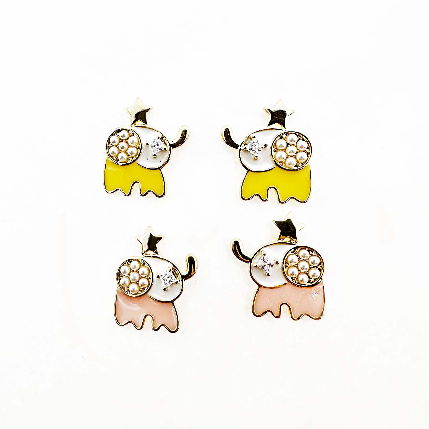 韓國 925純銀 水鑽 珍珠 金屬 大象 雙色 耳針式耳環