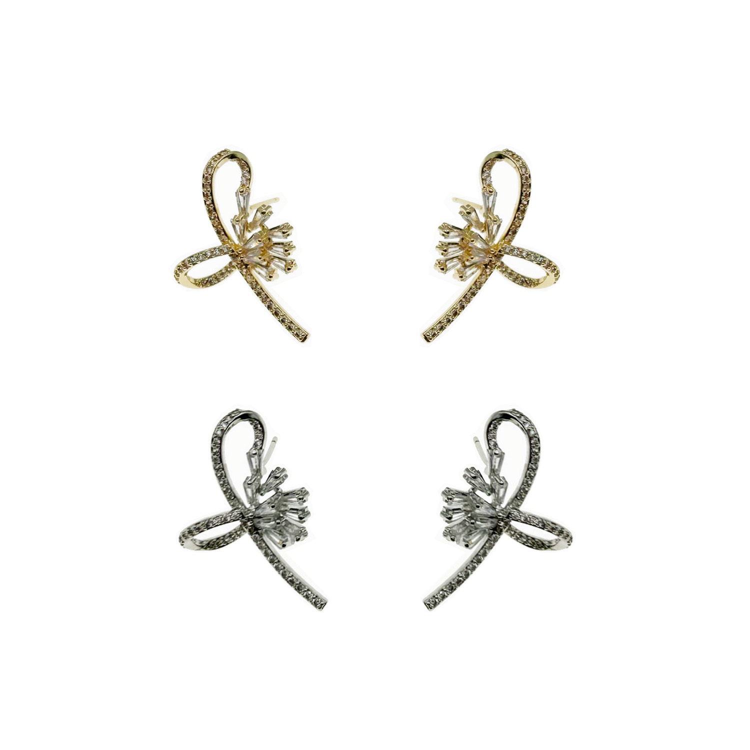 韓國 925純銀 水鑽 線條 蝴蝶結 耳針式耳環