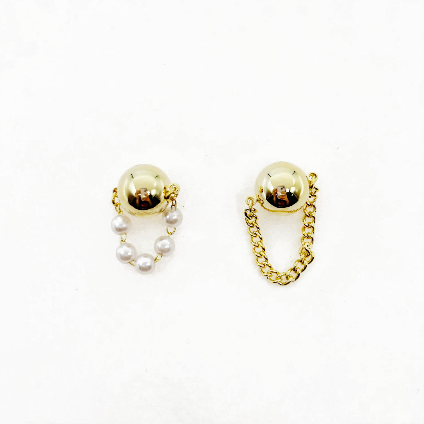 韓國 925純銀 珍珠 金球 鍊條 造型 垂墜感 耳針式耳環
