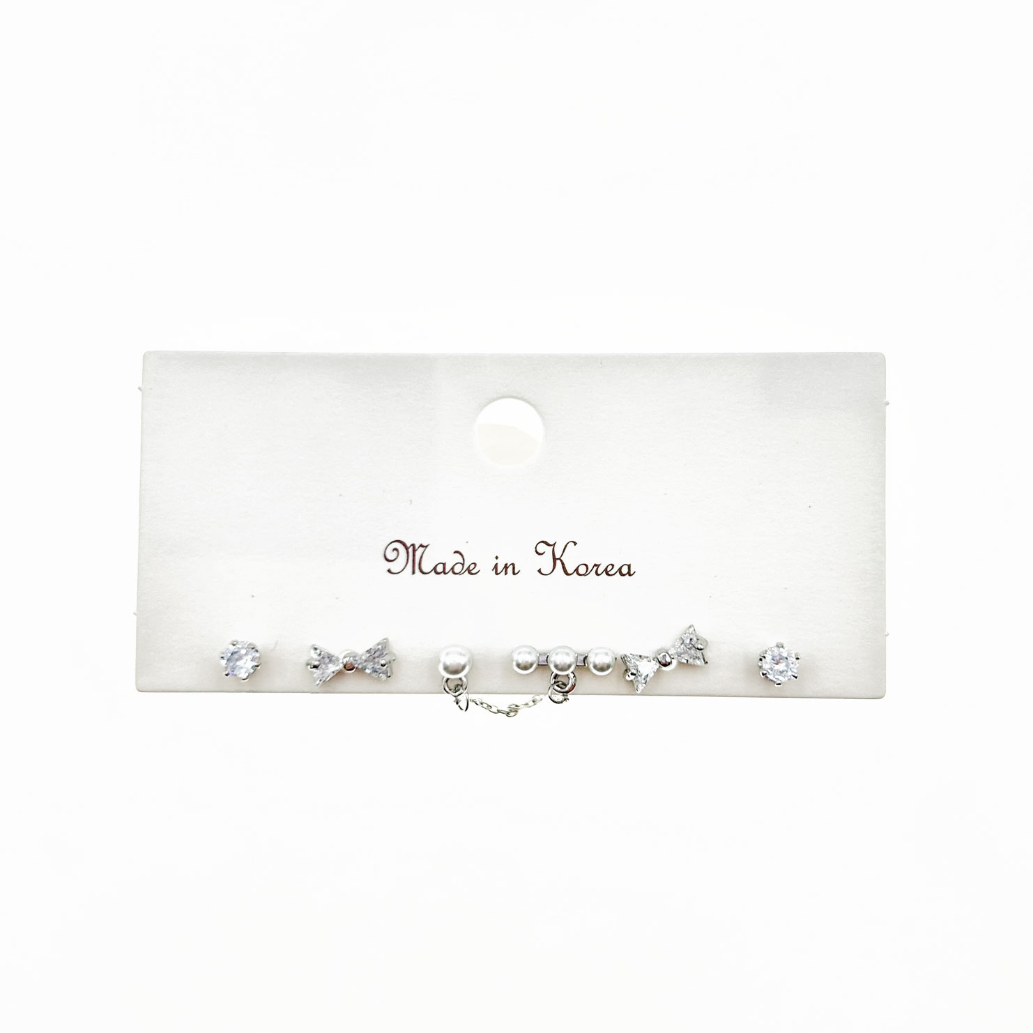 韓國 925純銀 水鑽 珍珠 蝴蝶結 鍊條 造型 六入​ 耳針耳環