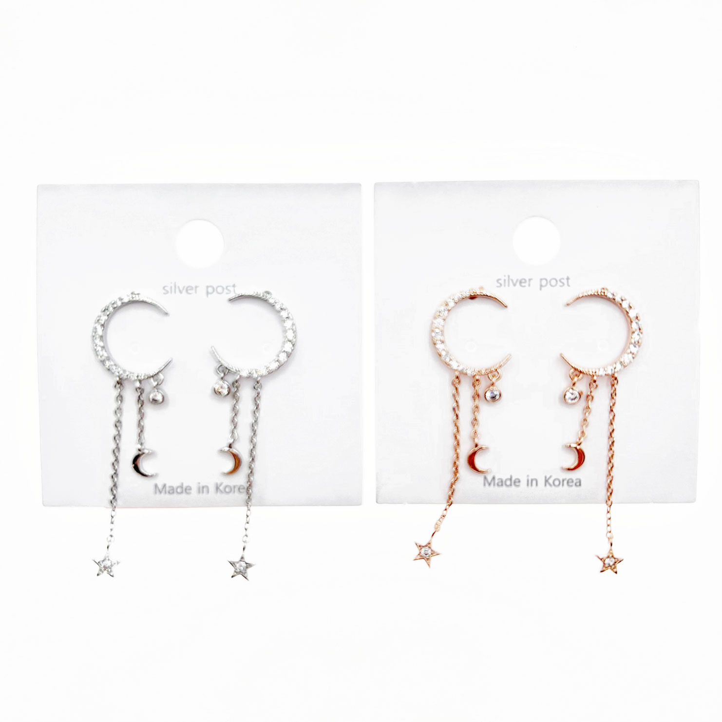 韓國 925純銀 水鑽 月亮 星星 造型 兩色 耳針耳環