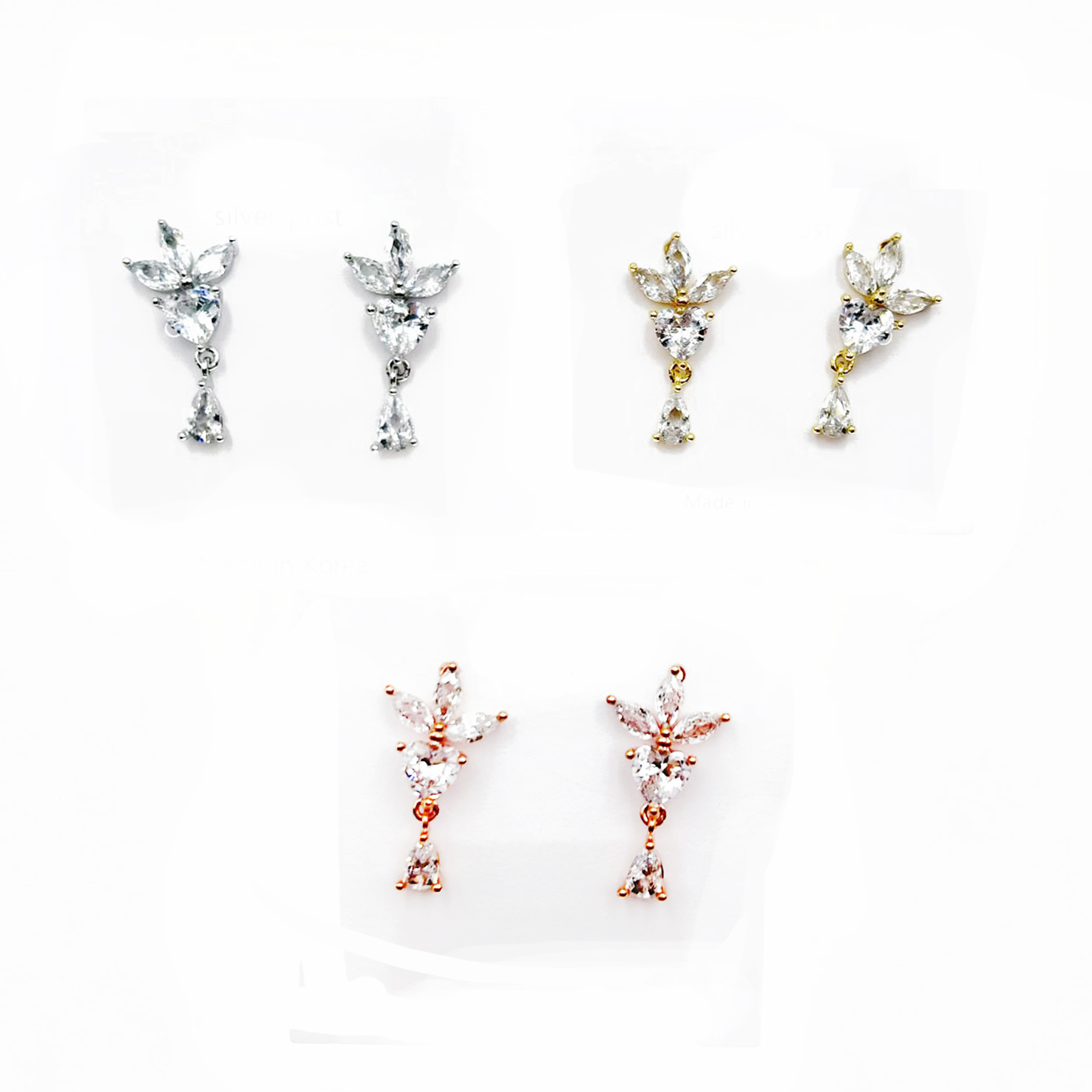 韓國 925純銀 水鑽 華麗 垂墜感 造型 三色 耳針耳環