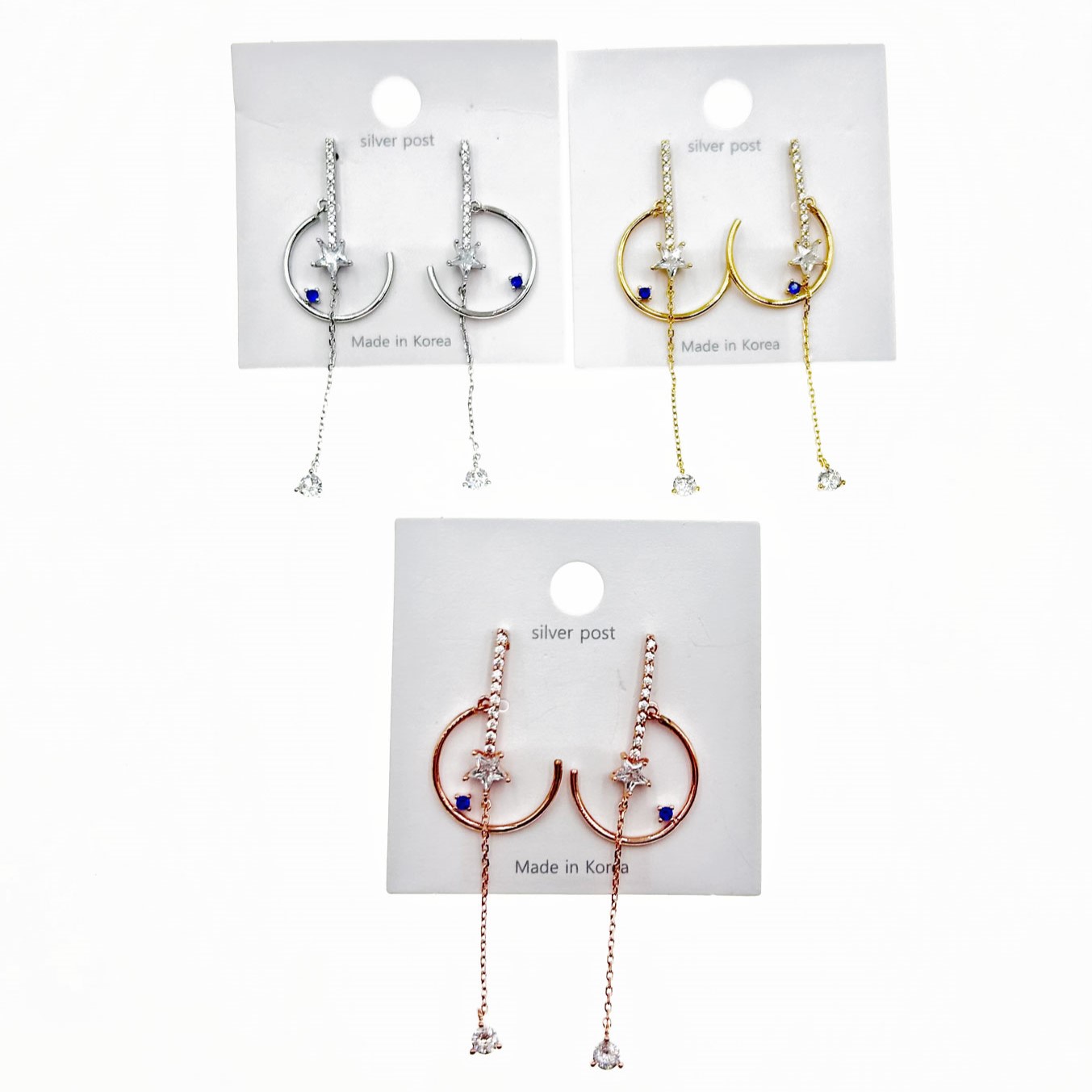 韓國 925純銀 水鑽 月亮 星星 垂墜感 造型 三色 耳針耳環