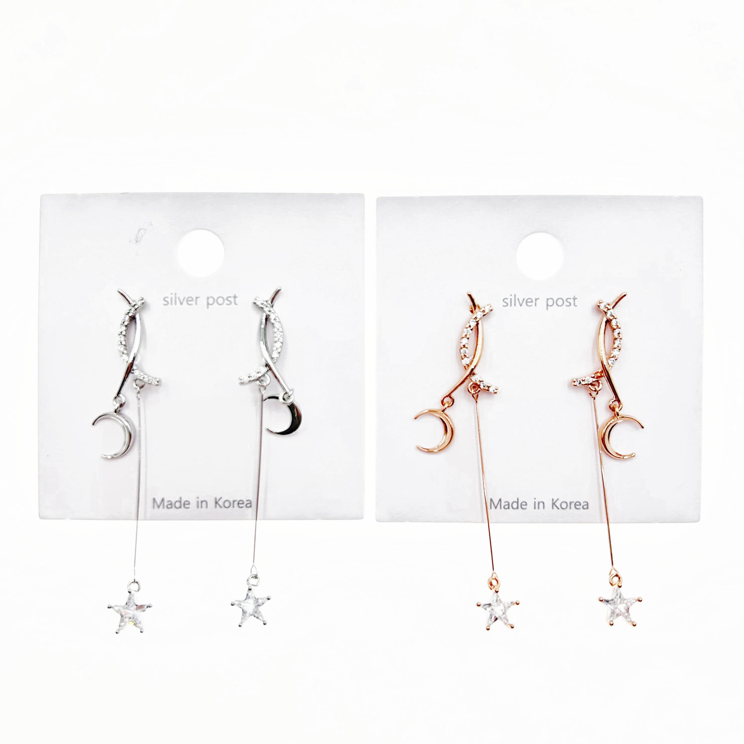 韓國 925純銀 水鑽 月亮 星星 垂墜感 造型 兩色 耳針耳環