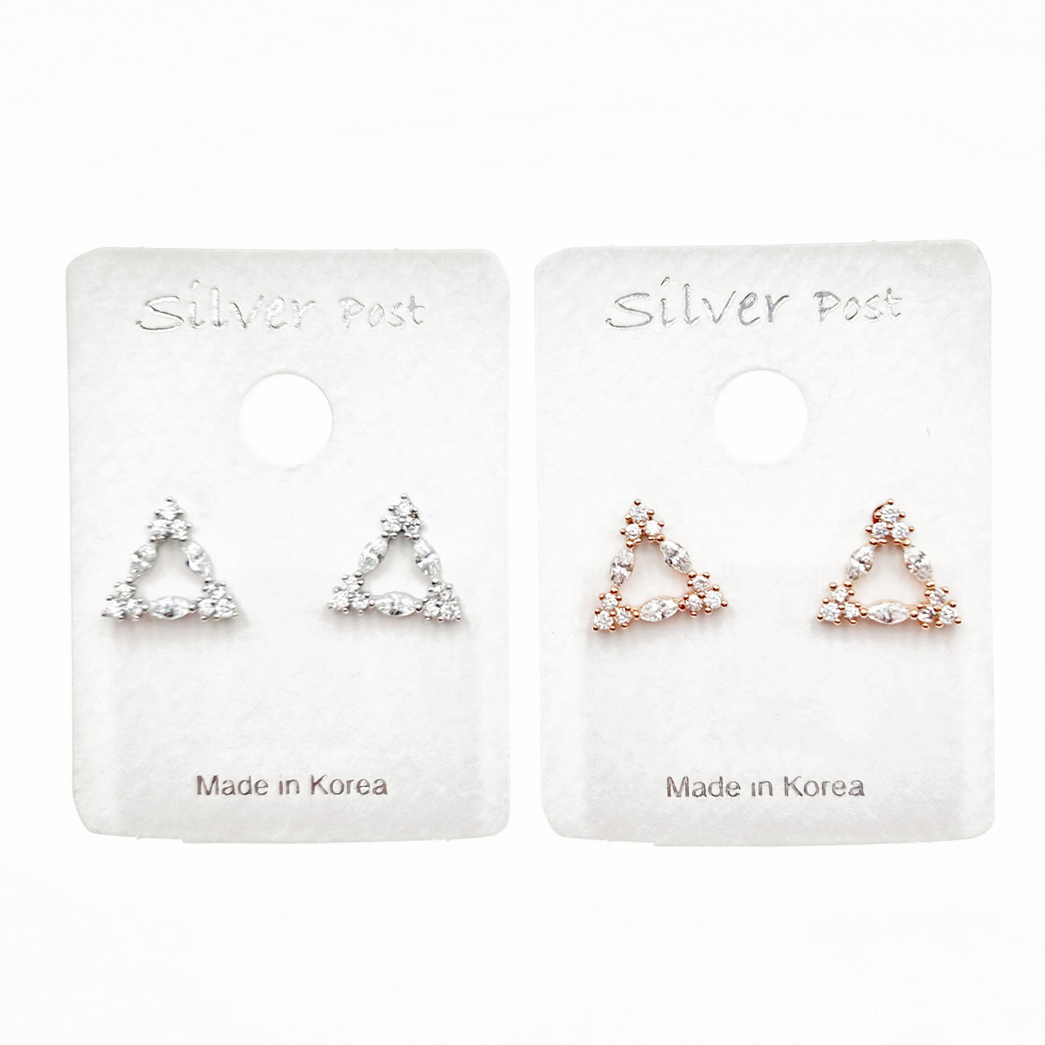 韓國 925純銀 水鑽 三角形 簍空 造型 雙色 耳針耳環