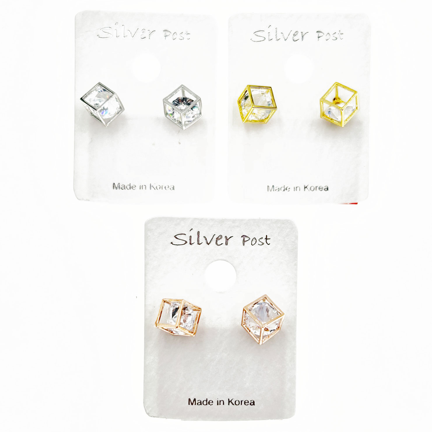 韓國 925純銀 水鑽 金屬 方形 造型 三色 耳針耳環