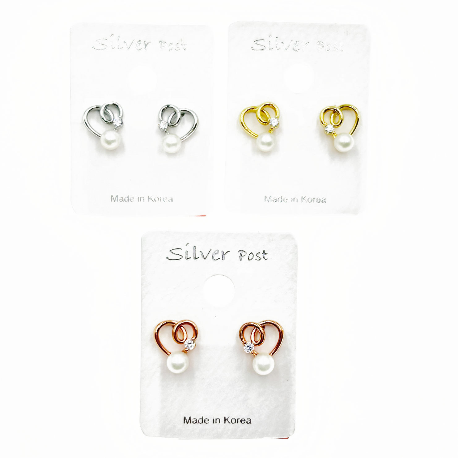 韓國 925純銀 水鑽 珍珠 愛心 造型 三色 耳針耳環