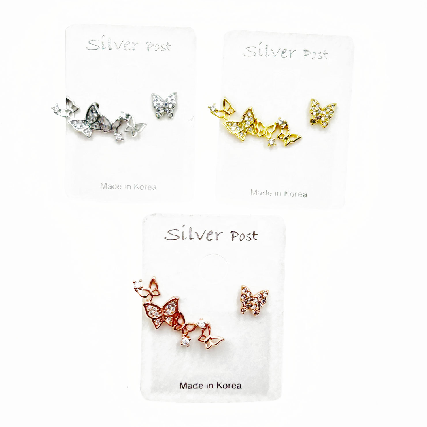 韓國 925純銀 水鑽 蝴蝶 造型 三色 耳針耳環