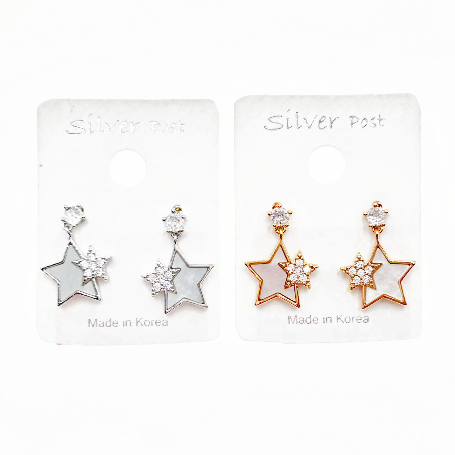 韓國 925純銀 水鑽 星星 垂墜感 造型 雙色 耳針耳環