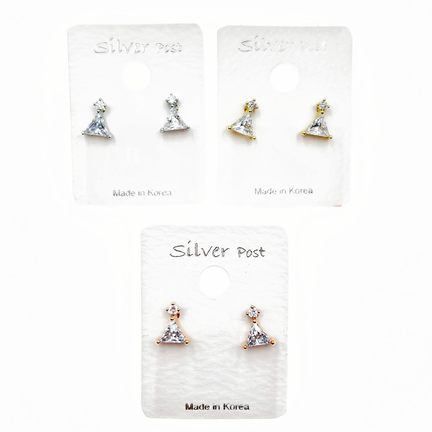 韓國 925純銀 水鑽 三角形 造型 三色 耳針耳環