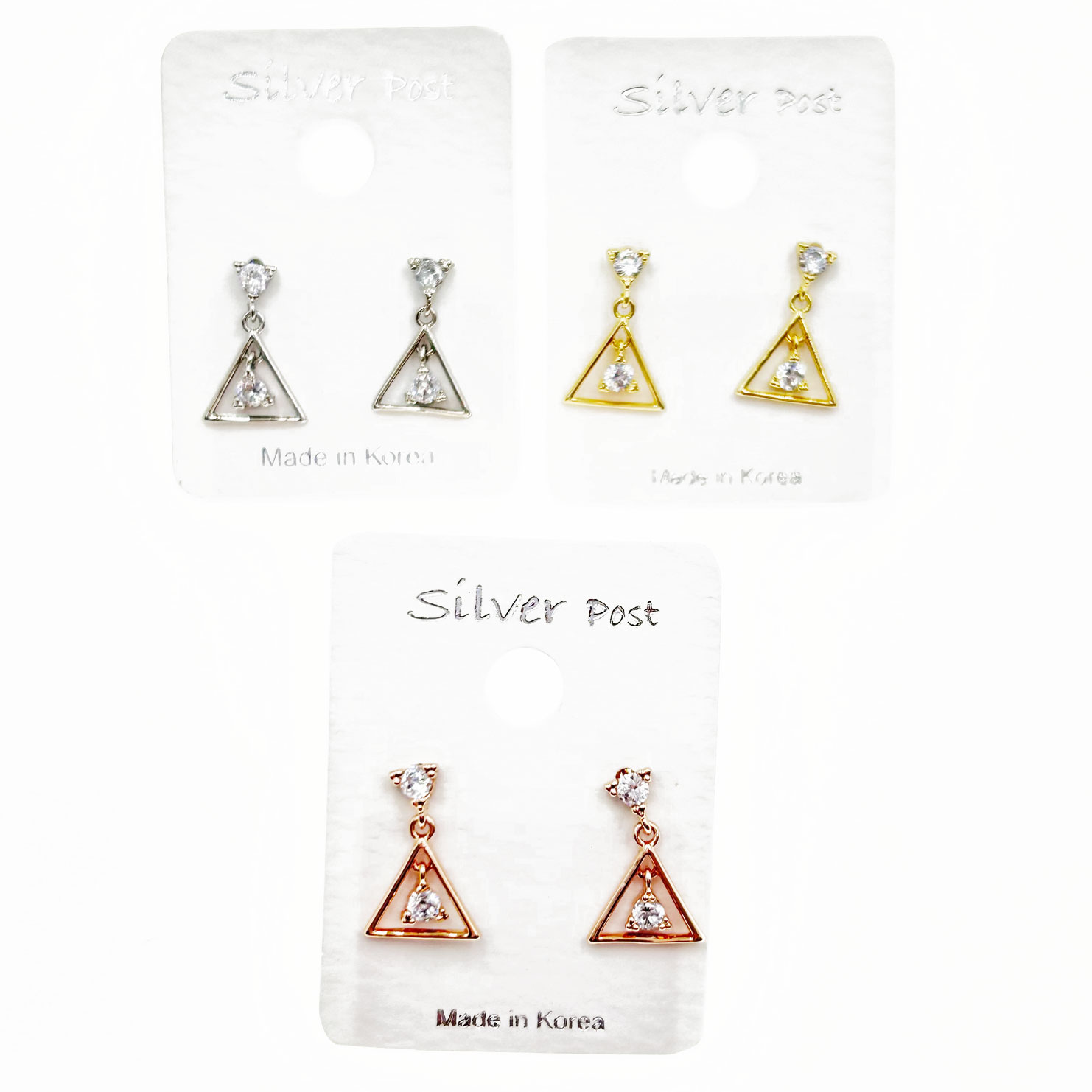 韓國 925純銀 水鑽 三角形 垂墜感 造型 三色 耳針耳環