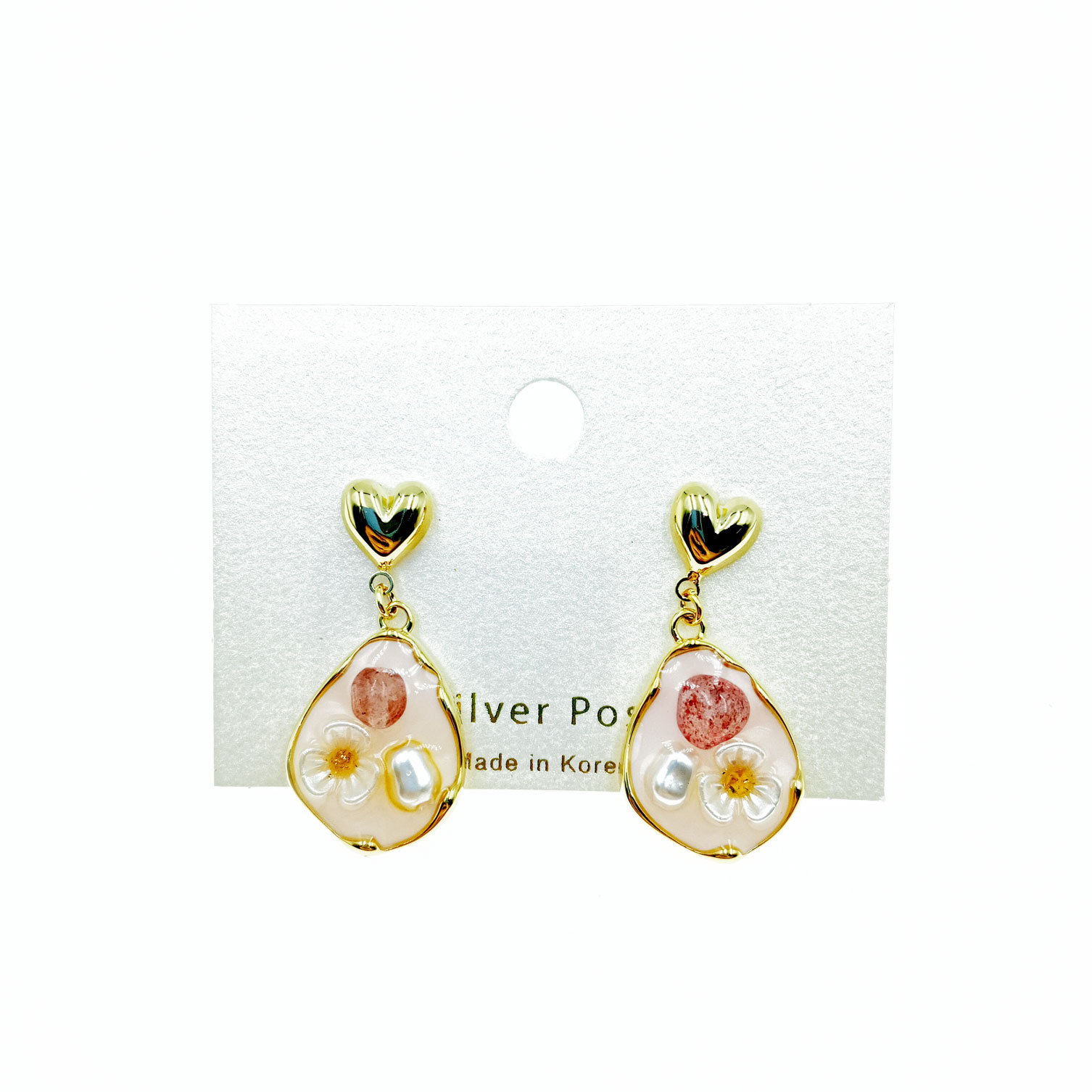 韓國 925純銀 不規則 小花 金色 愛心 造型 設計 耳針耳環