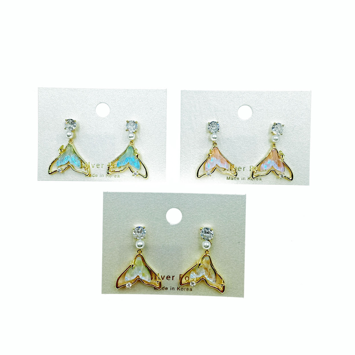 韓國 925純銀 水鑽 人魚尾巴 造型 設計 三色 耳針耳環