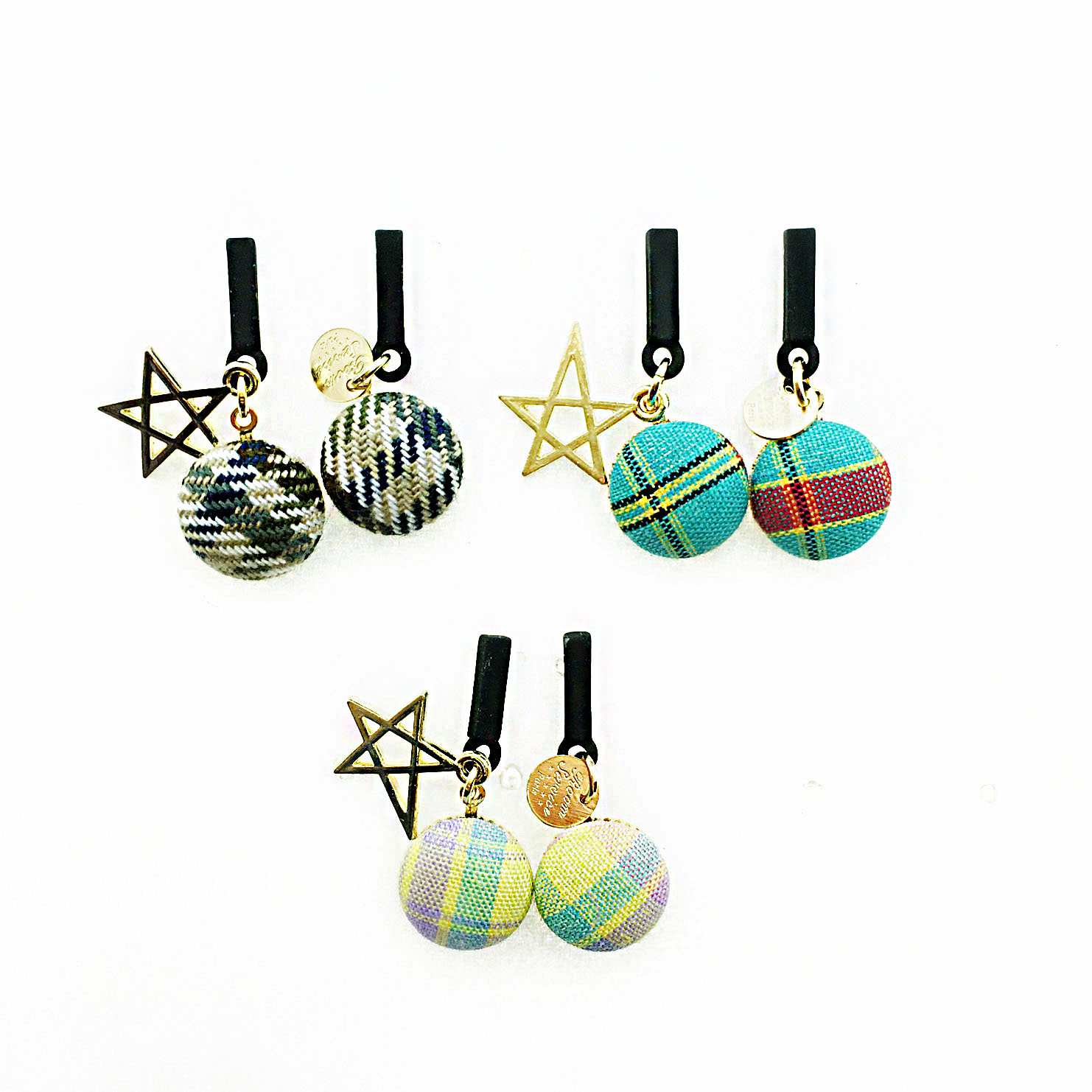 韓國 金屬 布質 格紋 星星 三色 造型 垂墜感 耳針式耳環
