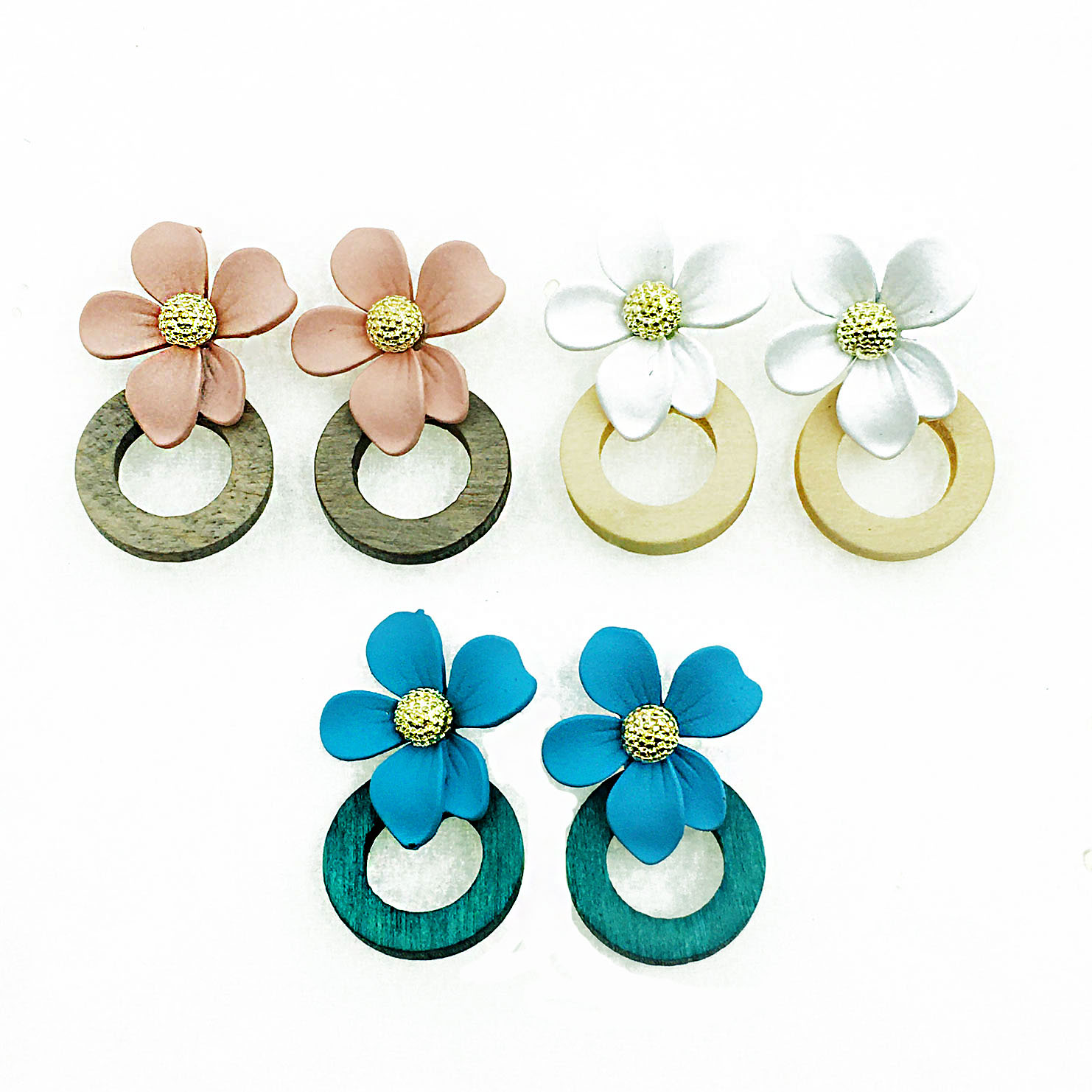 韓國 木質 花朵 金屬 三色 造型 耳針式耳環