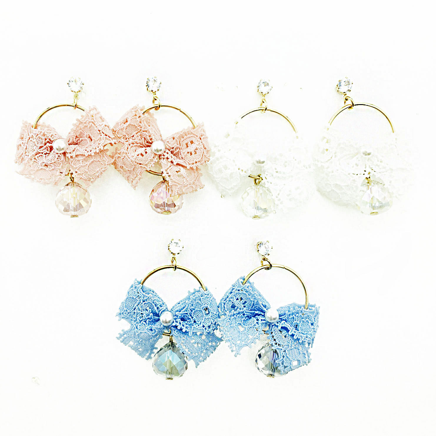 韓國 水鑽 珍珠 蕾絲 三色 垂墜感 耳針式耳環
