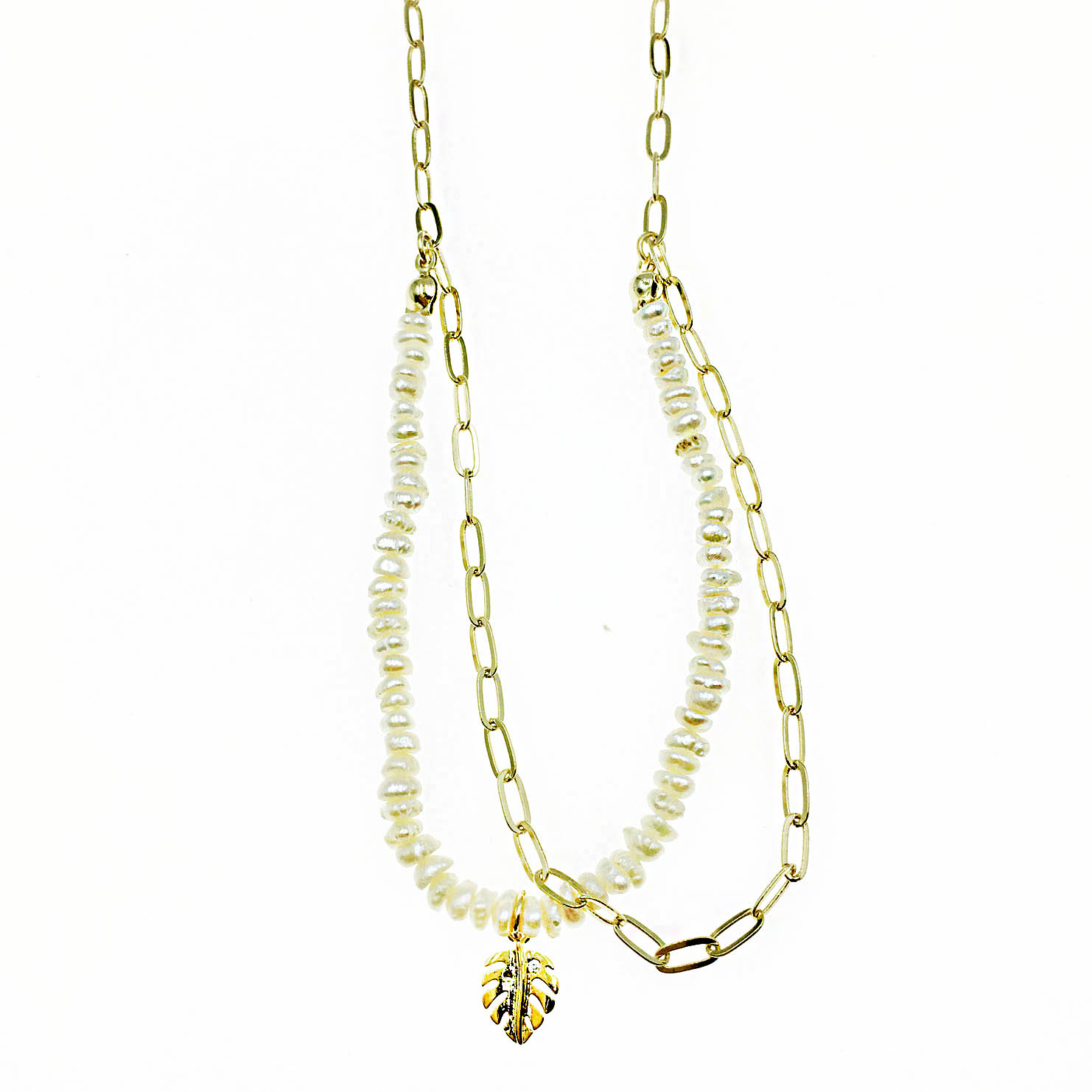 韓國 珍珠 葉子 金屬 鍊條 造型 可調節 項鍊