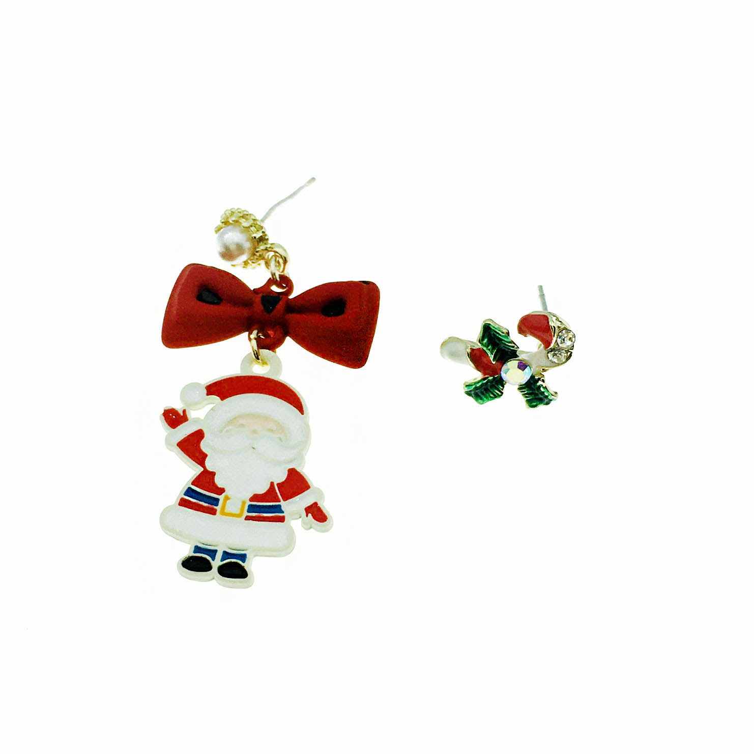 韓國 水鑽 珍珠 聖誕節 蝴蝶結 聖誕老人 垂墜感 耳針式耳環
