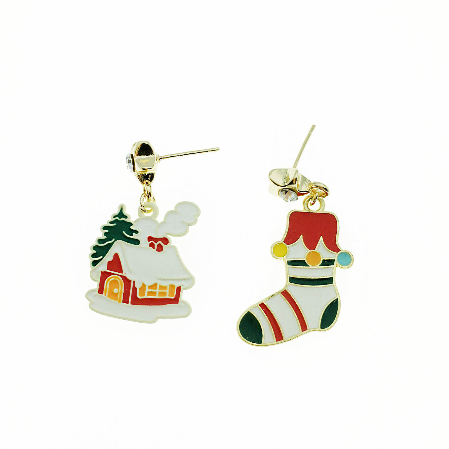 韓國 水鑽 聖誕節 雪屋 聖誕襪 垂墜感 耳針式耳環