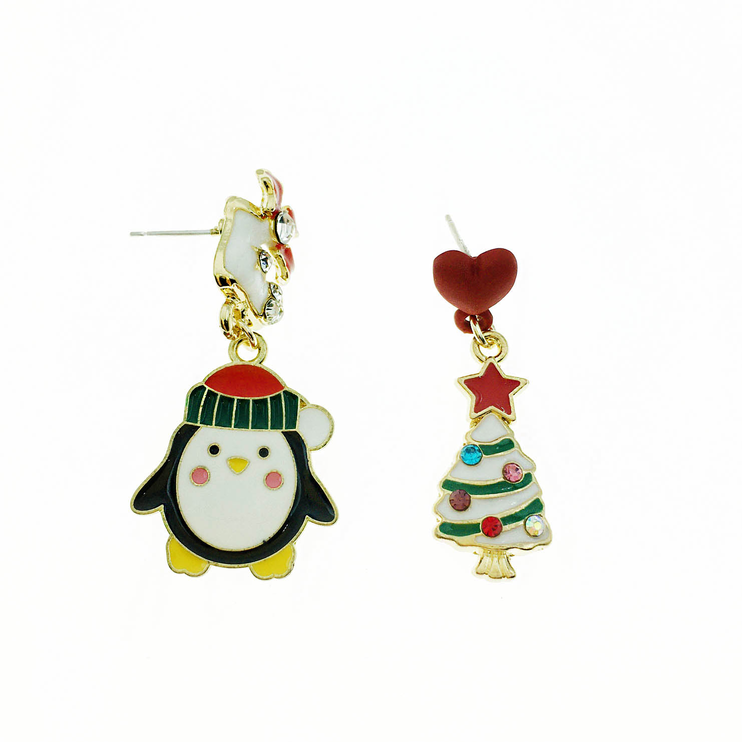 韓國 水鑽 聖誕節 愛心 企鵝 聖誕樹 垂墜感 耳針式耳環