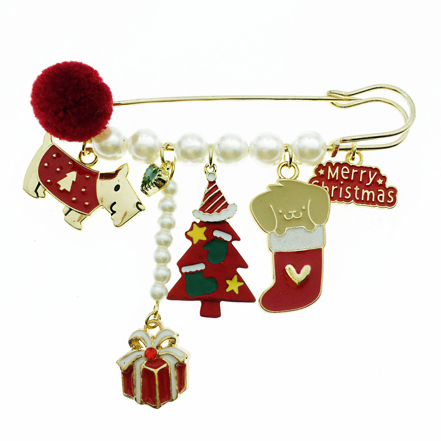 韓國 珍珠 水鑽 小狗 禮物 聖誕襪 聖誕樹 毛球 別針 