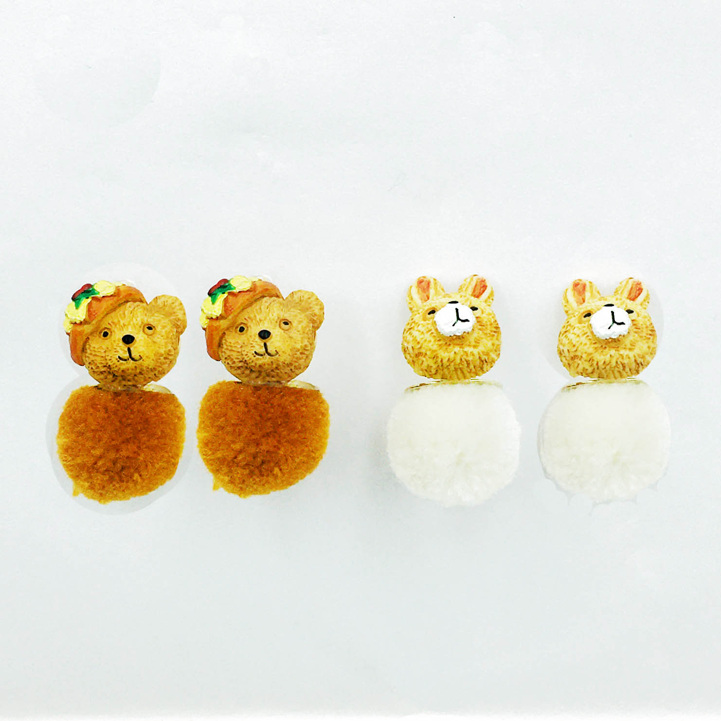 韓國 泰迪 小熊 兔子 毛球 雙色 耳針式耳環
