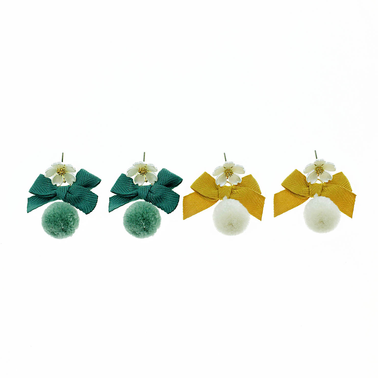 韓國 花朵 緞帶 毛球 雙色 耳針式耳環