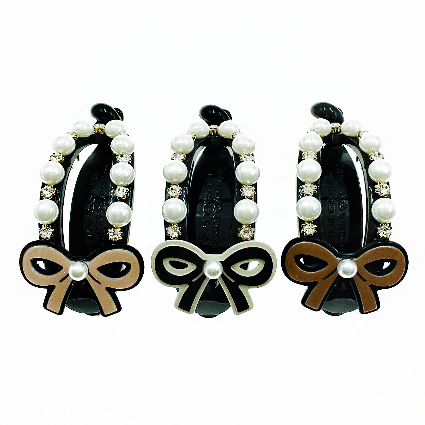 韓國 水鑽 珍珠 蝴蝶結 三色 相交夾 髮夾 髮飾