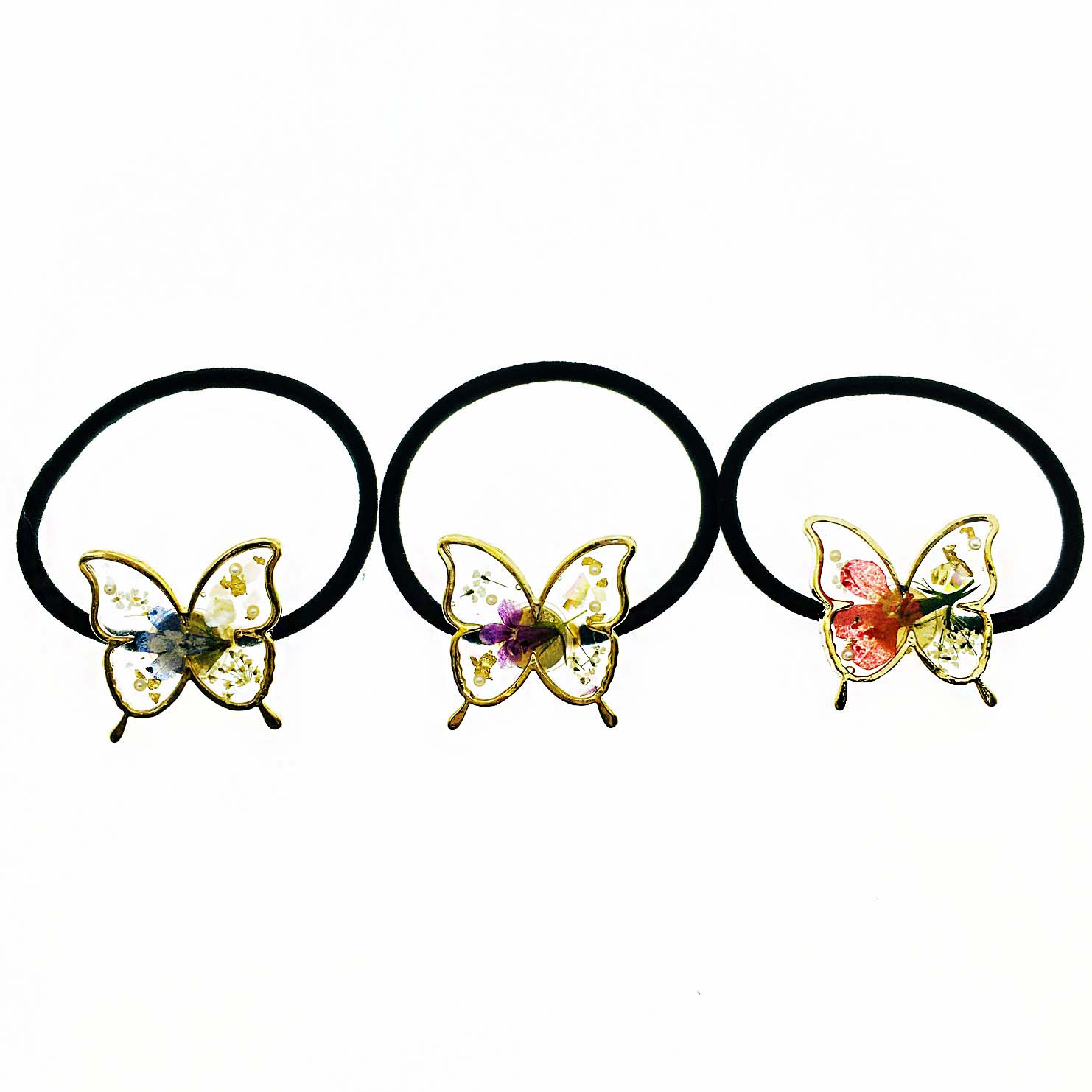 韓國 金屬 蝴蝶 金箔 壓花 乾燥花 三色 髮束 髮飾