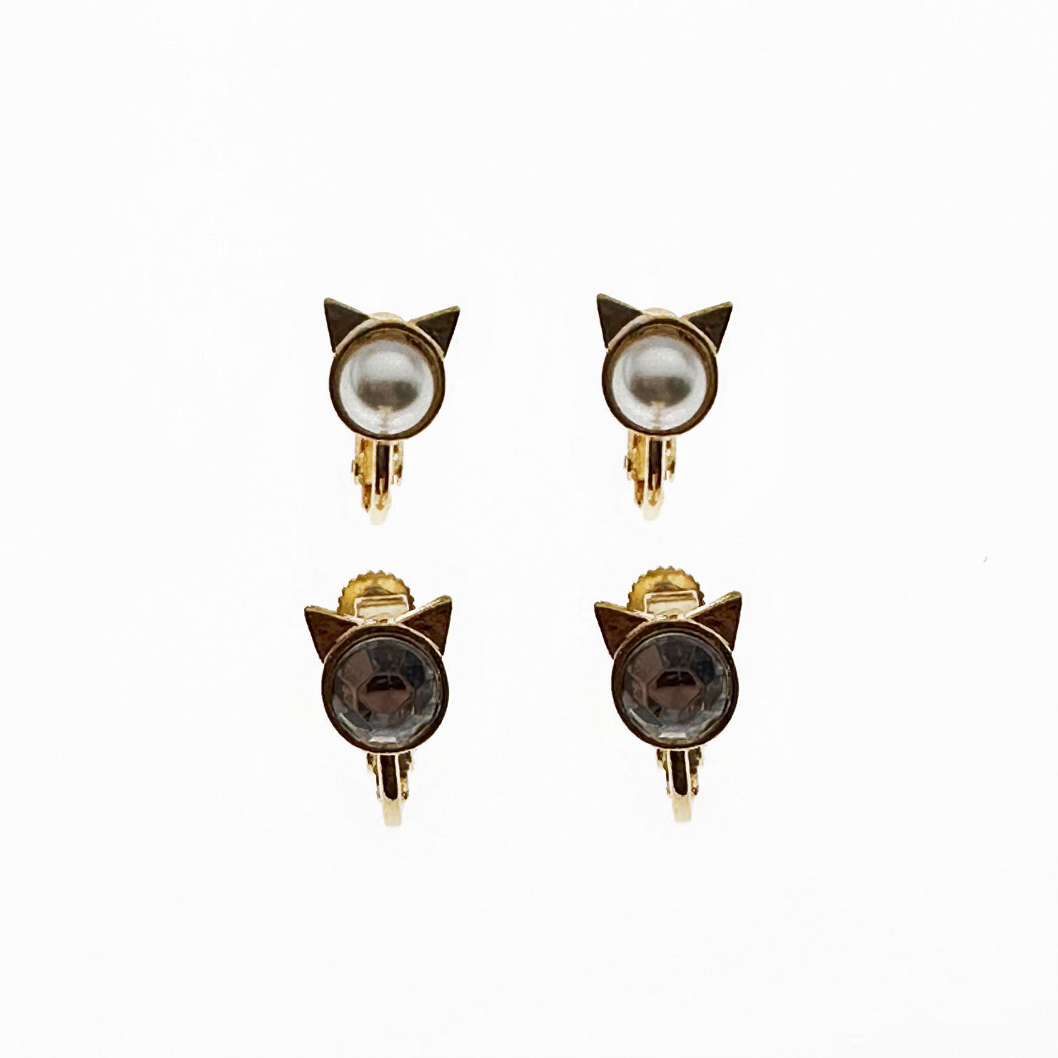 韓國 珍珠 水鑽 貓咪 雙色 夾式耳環