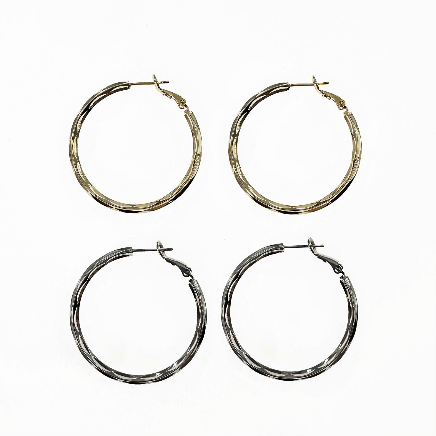 韓國 925純銀 金屬 切割 鏡面 圈圈 雙色 耳針式耳環