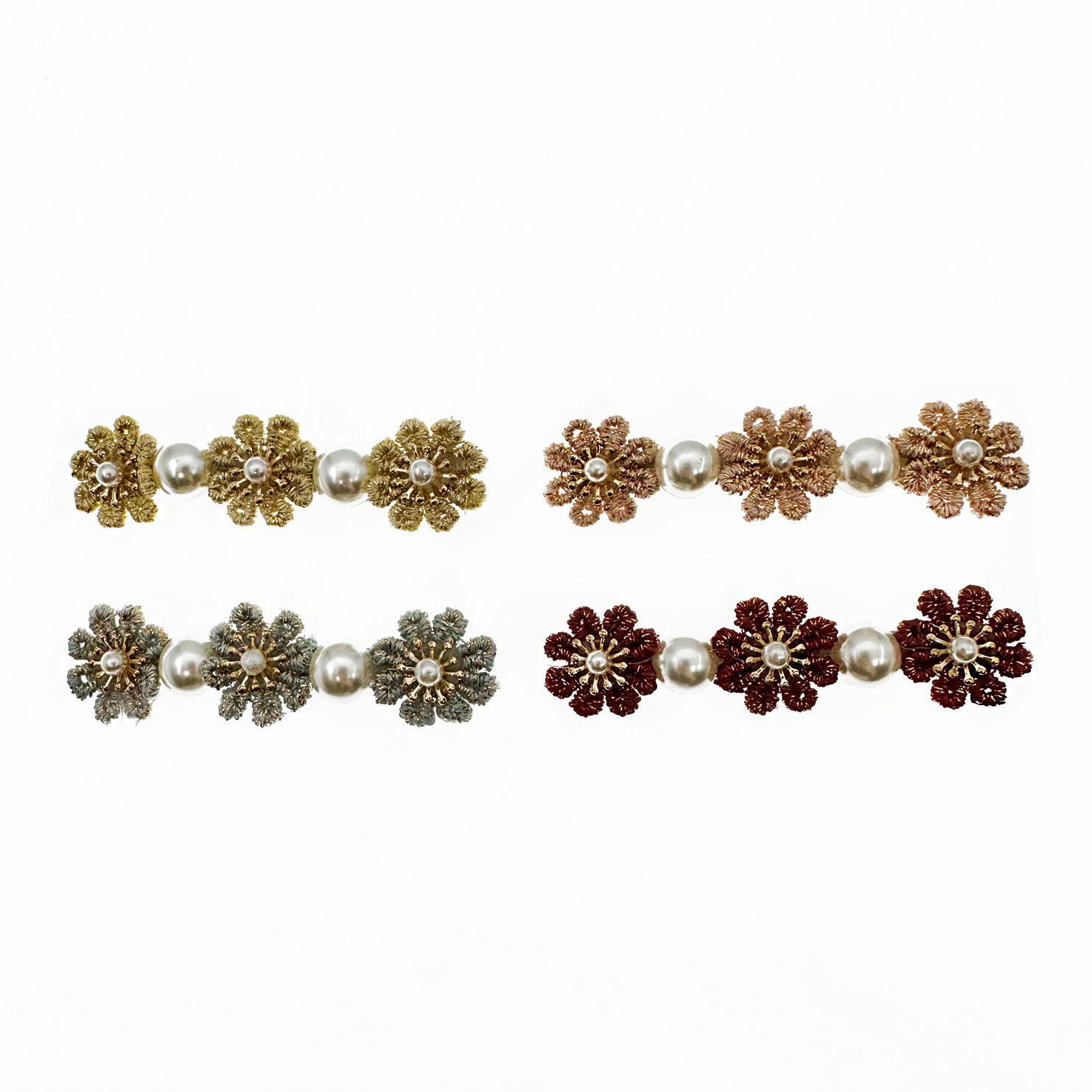 韓國 珍珠 花朵 布質 四色 壓夾 髮夾 髮飾