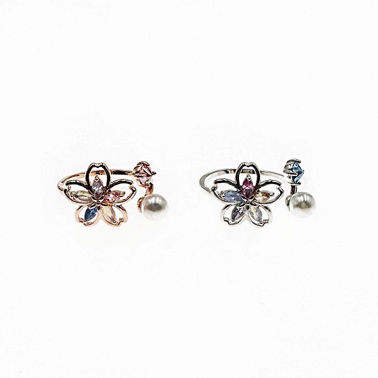 韓國 水鑽 珍珠 花朵 簍空 造型 可調節 雙色 戒指