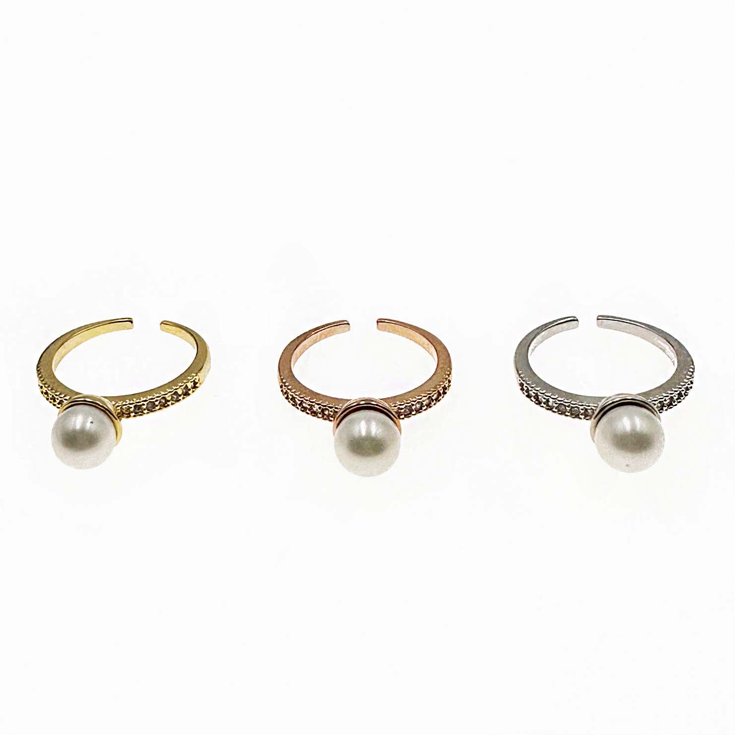韓國 水鑽 珍珠 造型 可調節 三色 戒指