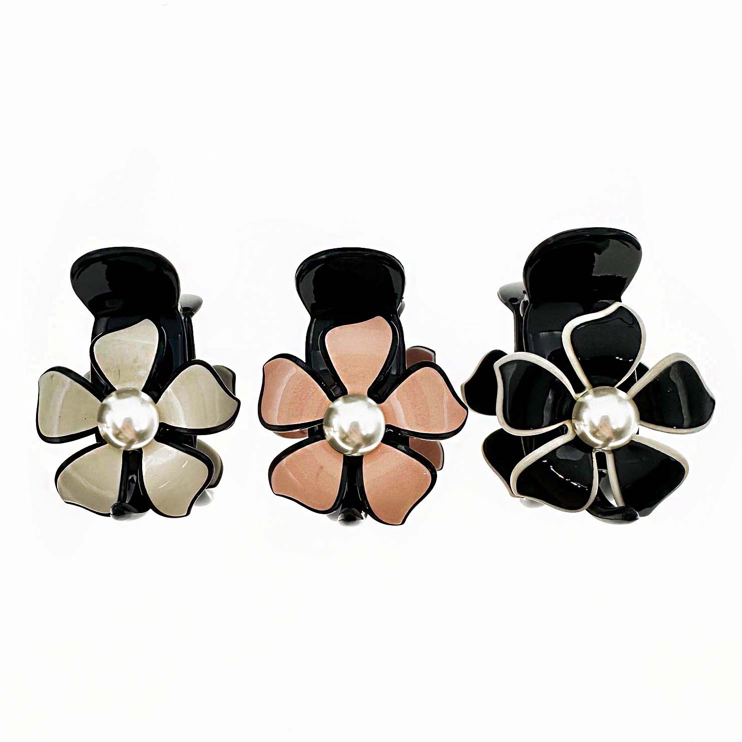 韓國 珍珠 花朵 三色 三爪夾 髮夾 髮飾