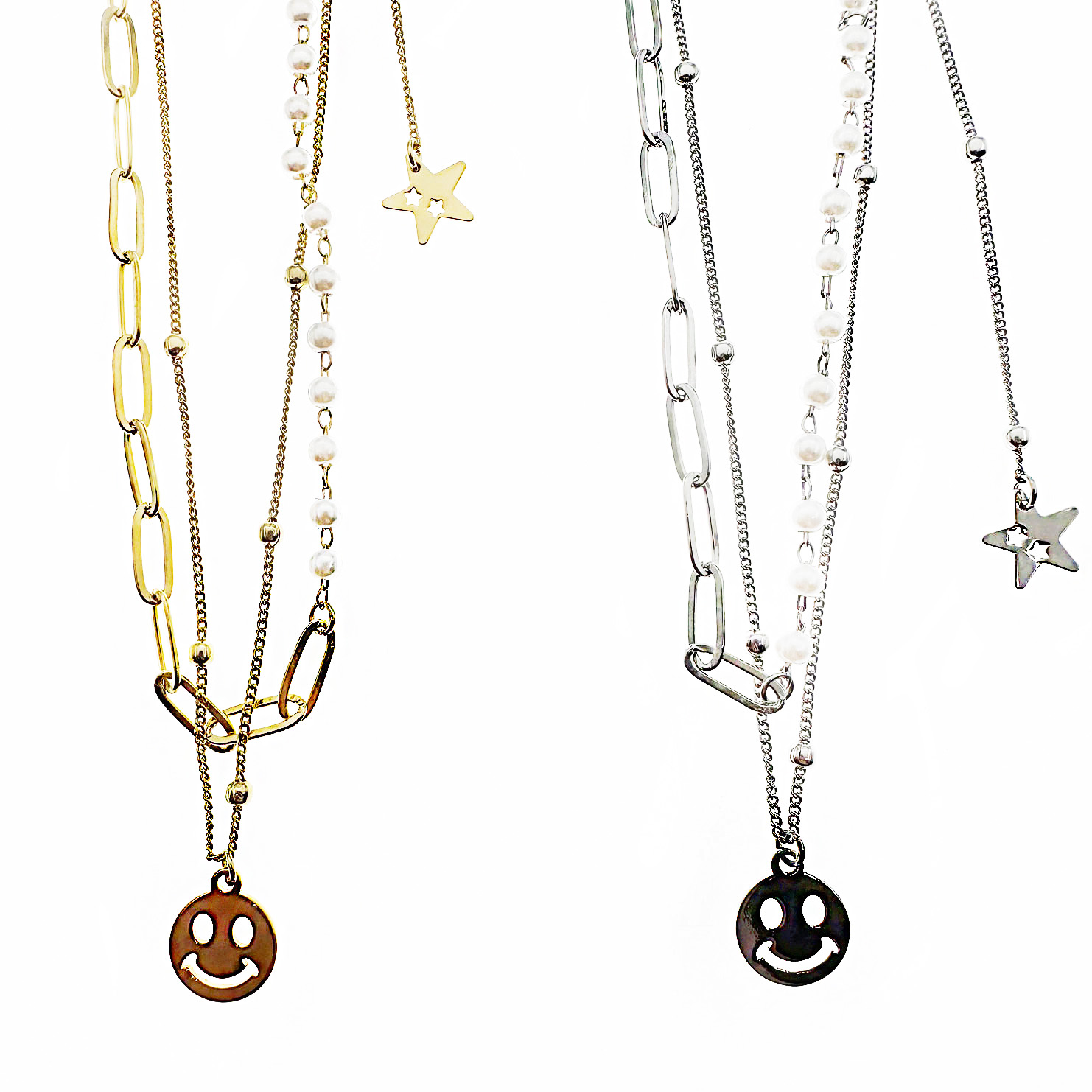 韓國 金屬 珍珠 鍊條 笑臉 星星 造型 雙色 可調節 項鍊
