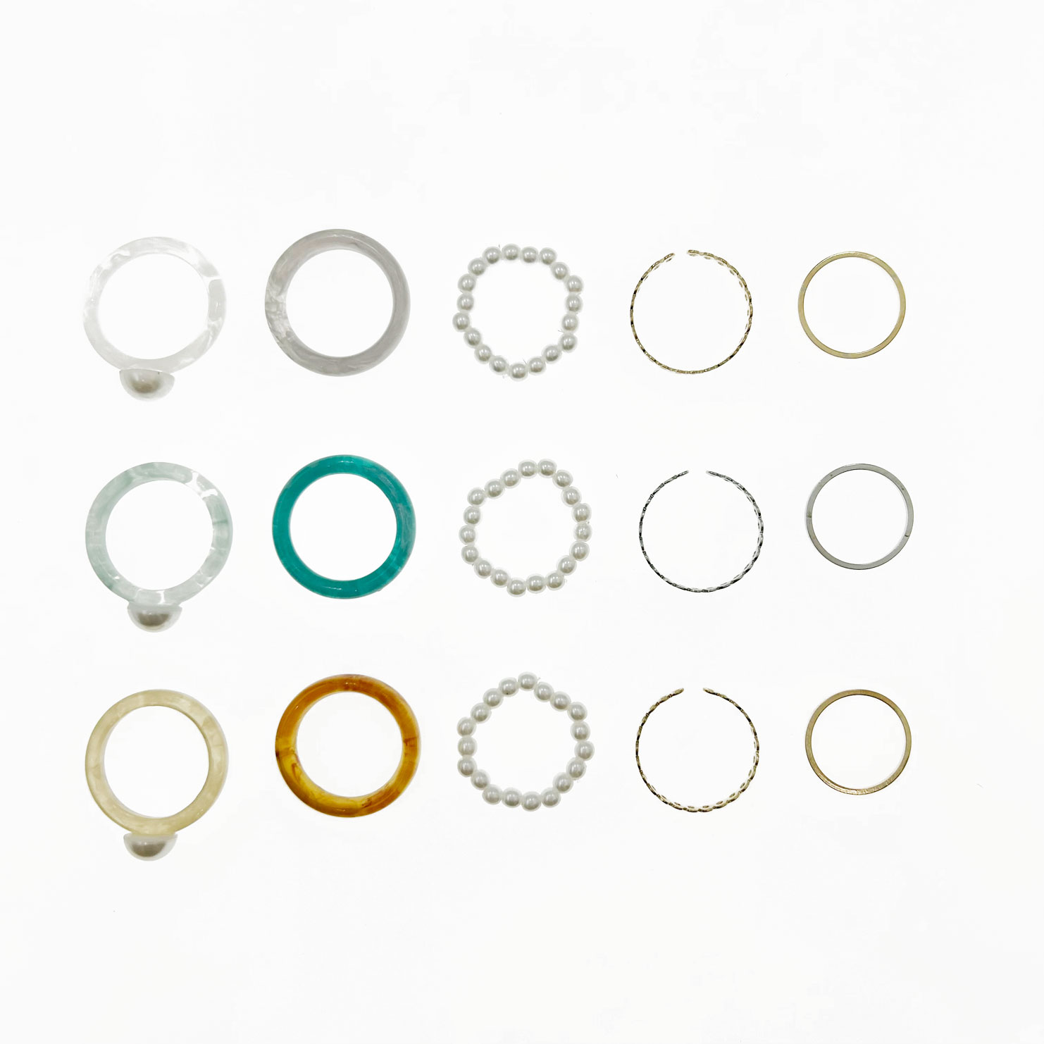 韓國 金屬 琥珀 珍珠 一組五入 三色 彈性繩 造型 戒指