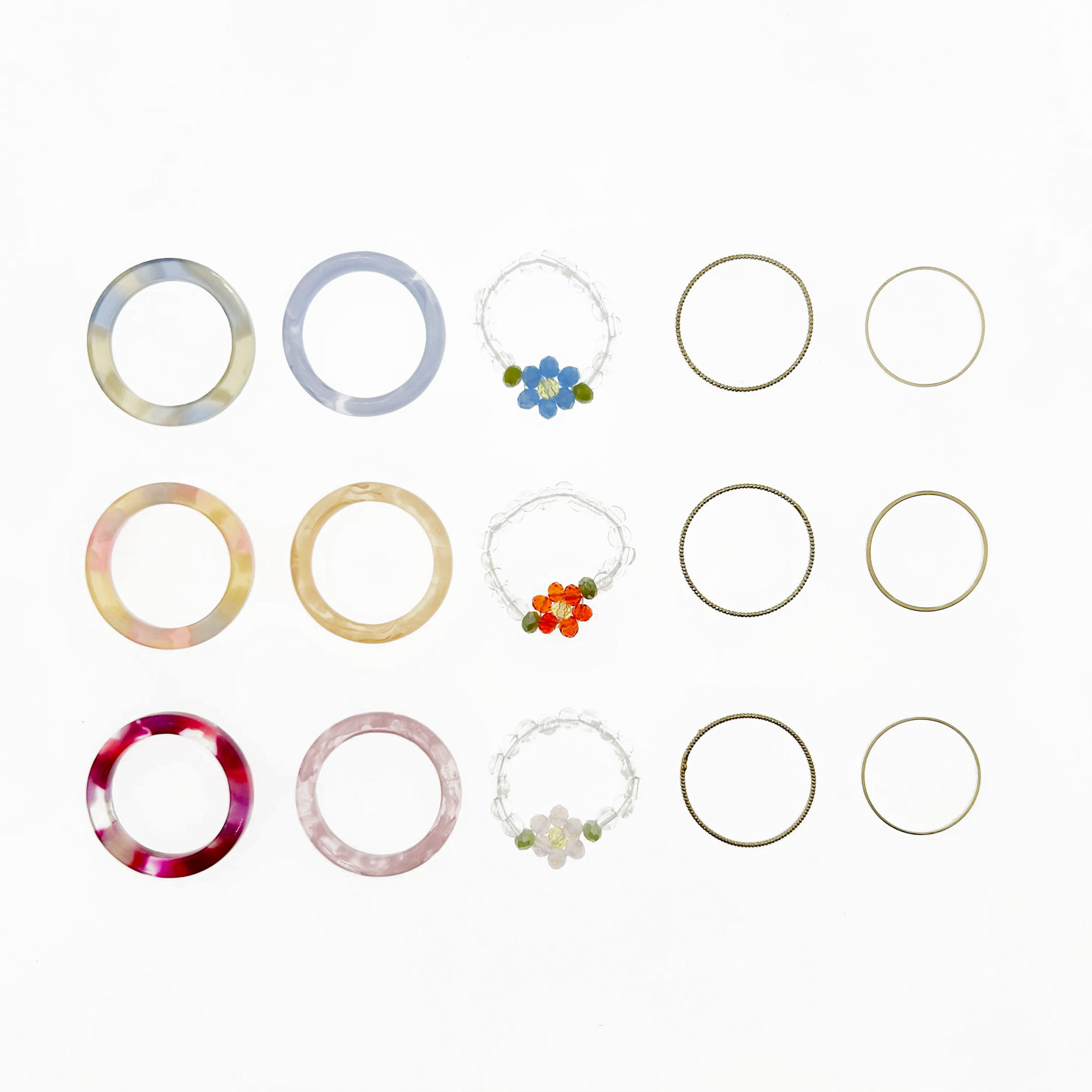 韓國 金屬 水晶 花朵 渲染 一組五入 三色 可愛 彈性繩 戒指