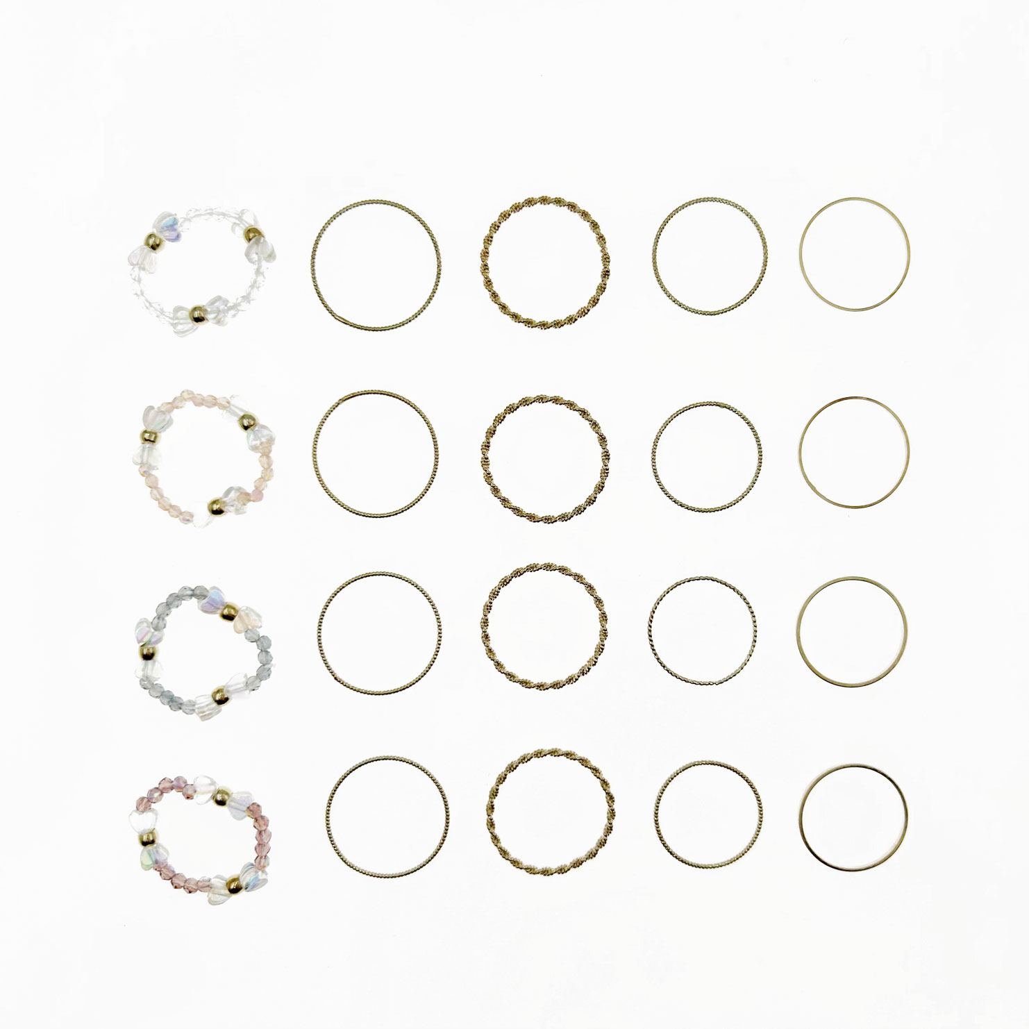 韓國 金屬 水晶 蝴蝶結 一組五入 四色 彈性繩 造型 戒指