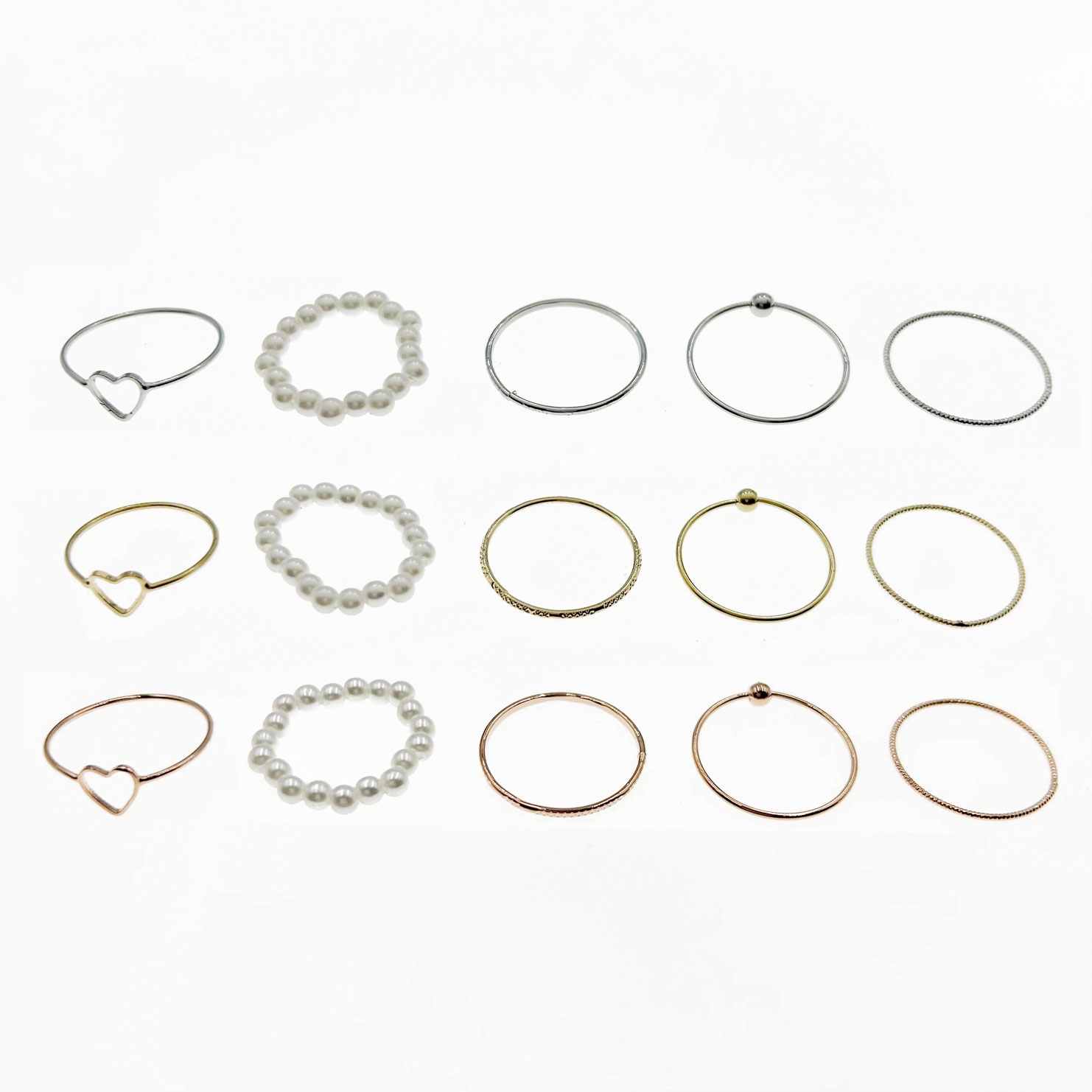 韓國 金屬 珍珠 簍空 愛心 一組五入 三色 精緻 搭配 戒指
