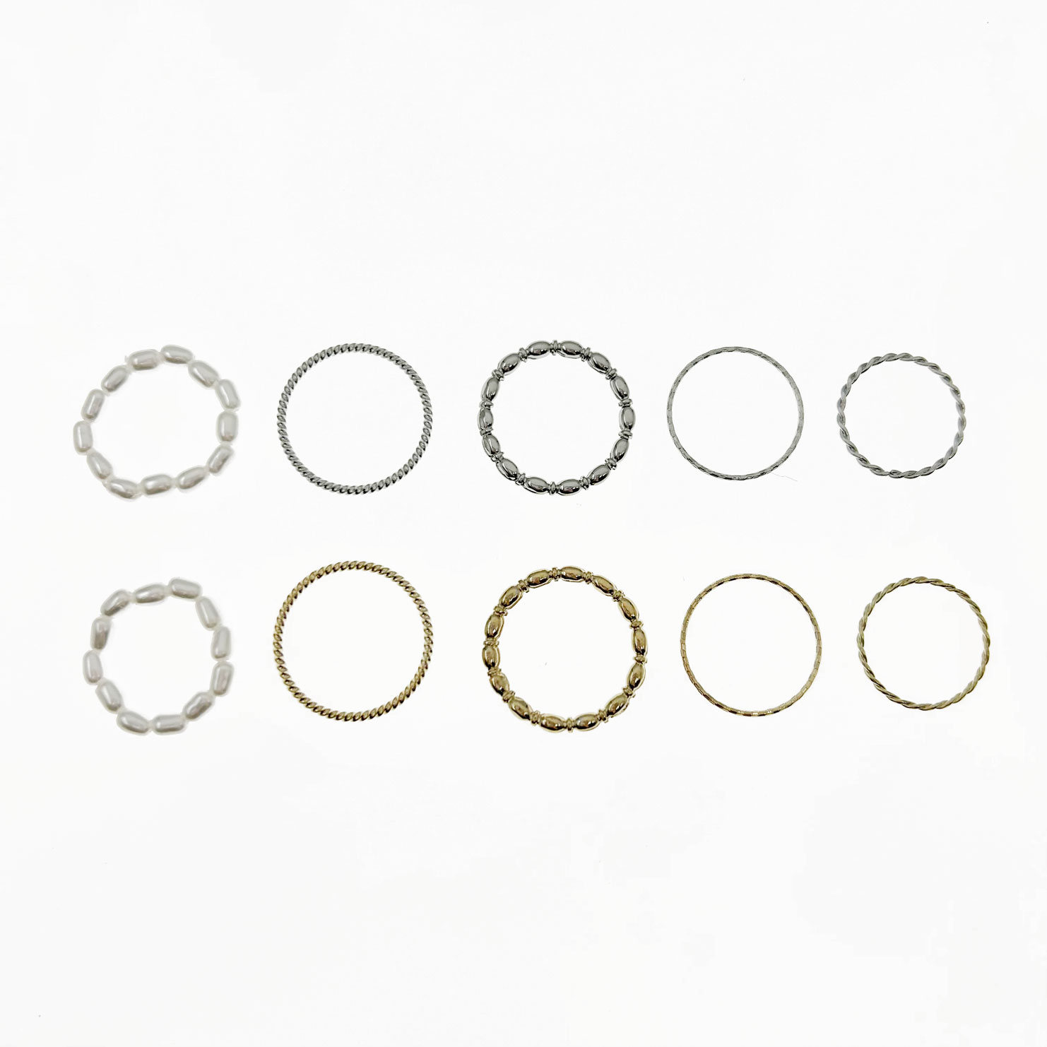 韓國 金屬 珍珠 一組五入 雙色 彈性繩 造型 戒指