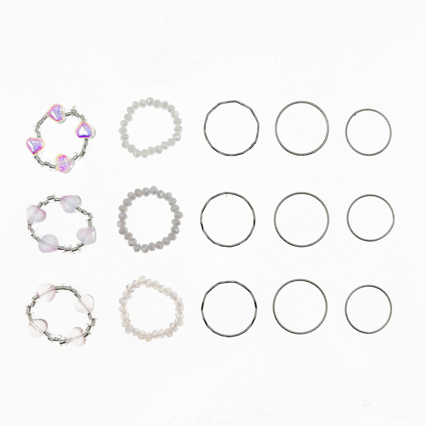 韓國 金屬 水晶 愛心 一組五入 三色 可愛 彈性繩 造型 戒指