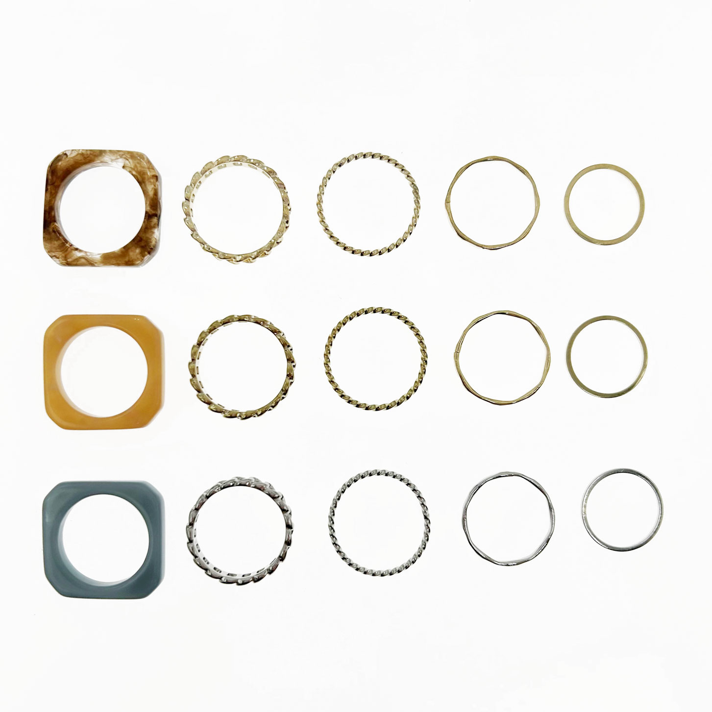 韓國 金屬 渲染 鍊條 方形 一組五入 三色 造型 戒指