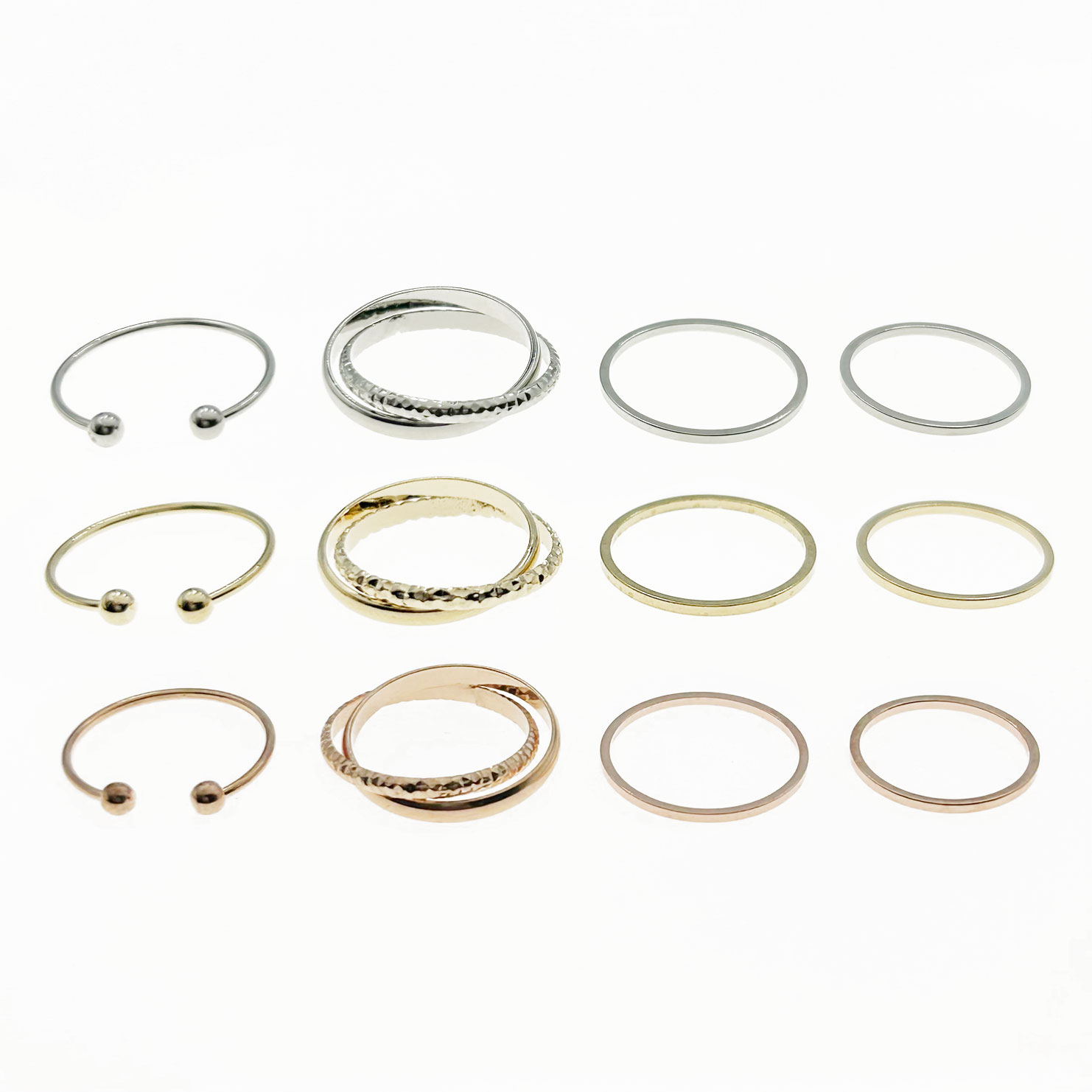 韓國 金屬 捶打紋 一組四入 三色 精緻 造型 戒指